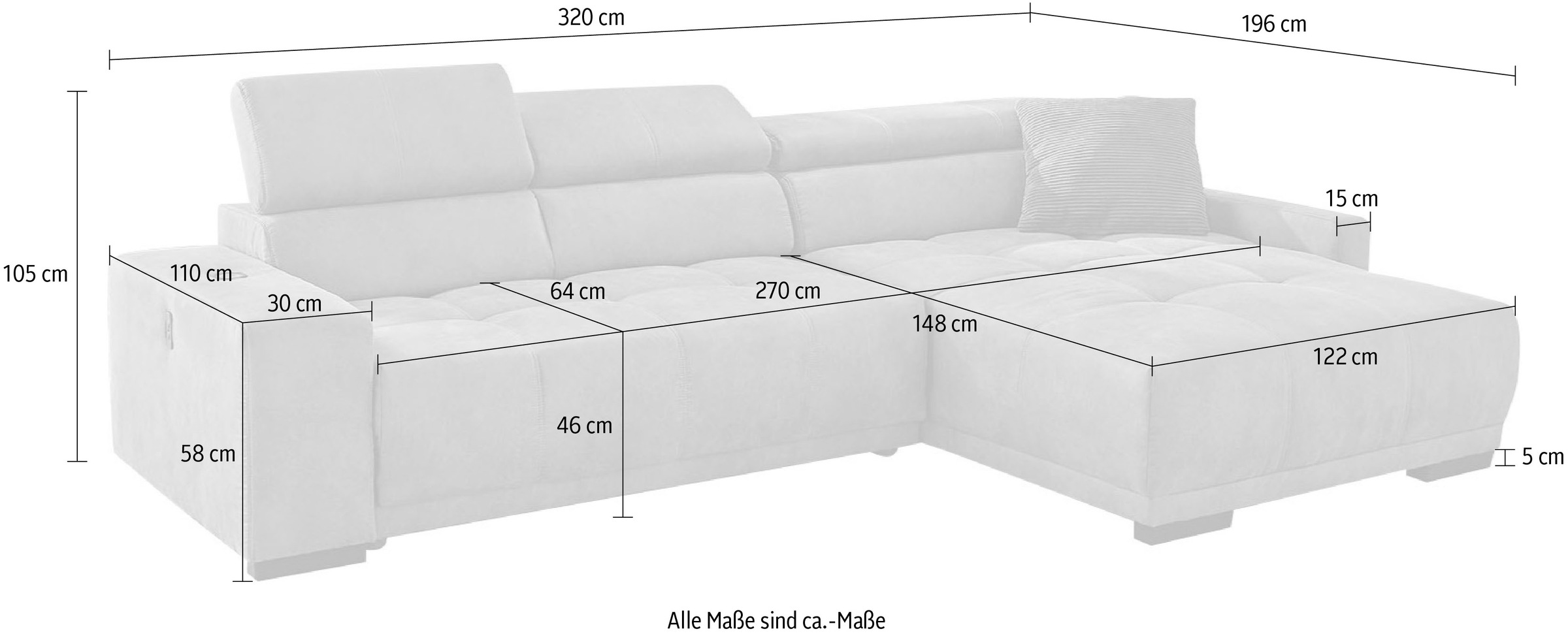 Jockenhöfer Gruppe Ecksofa »Le Mans L-Form mit elektromotorischer Sitztiefenverstellung (30 cm)«, und induktiver Lademöglichkeit + USB A und C, verstellbare Kopfstützen