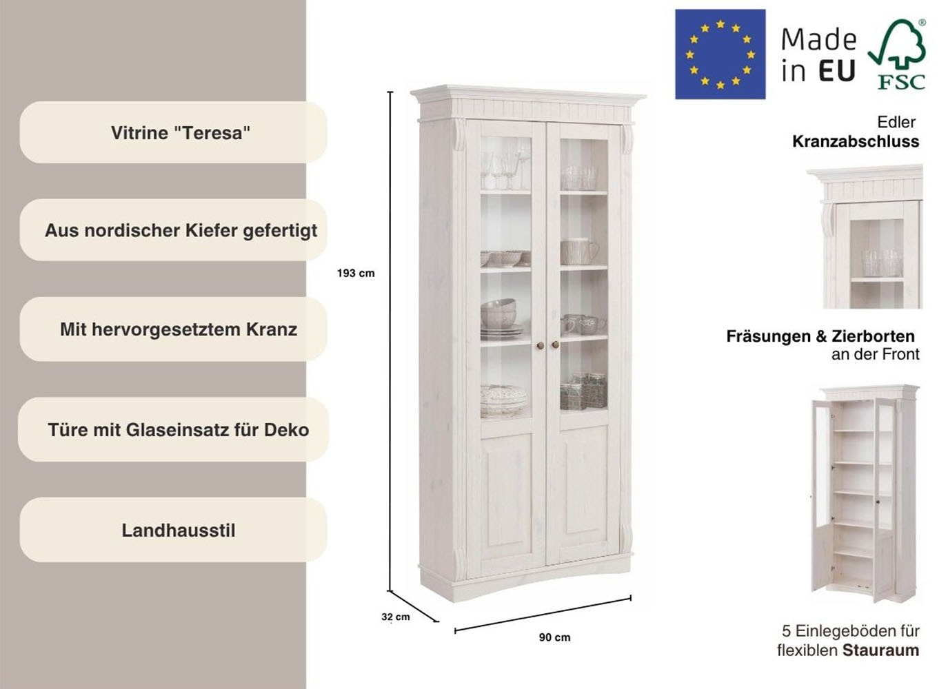 Home affaire Glasvitrine »Teresa«, mit 2 Glastüren, Höhe 193 cm, aus massiver Kiefer, FSC®
