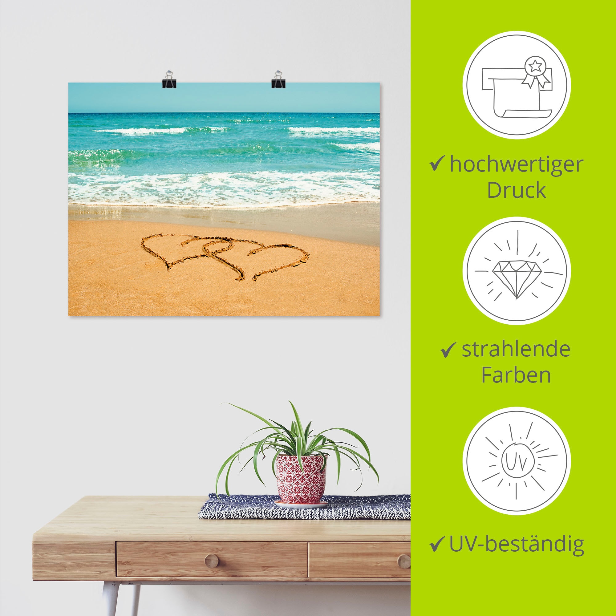 Artland Poster »Herzen im Sand«, Strand, (1 St.), als Alubild, Leinwandbild, Wandaufkleber oder Poster in versch. Größen