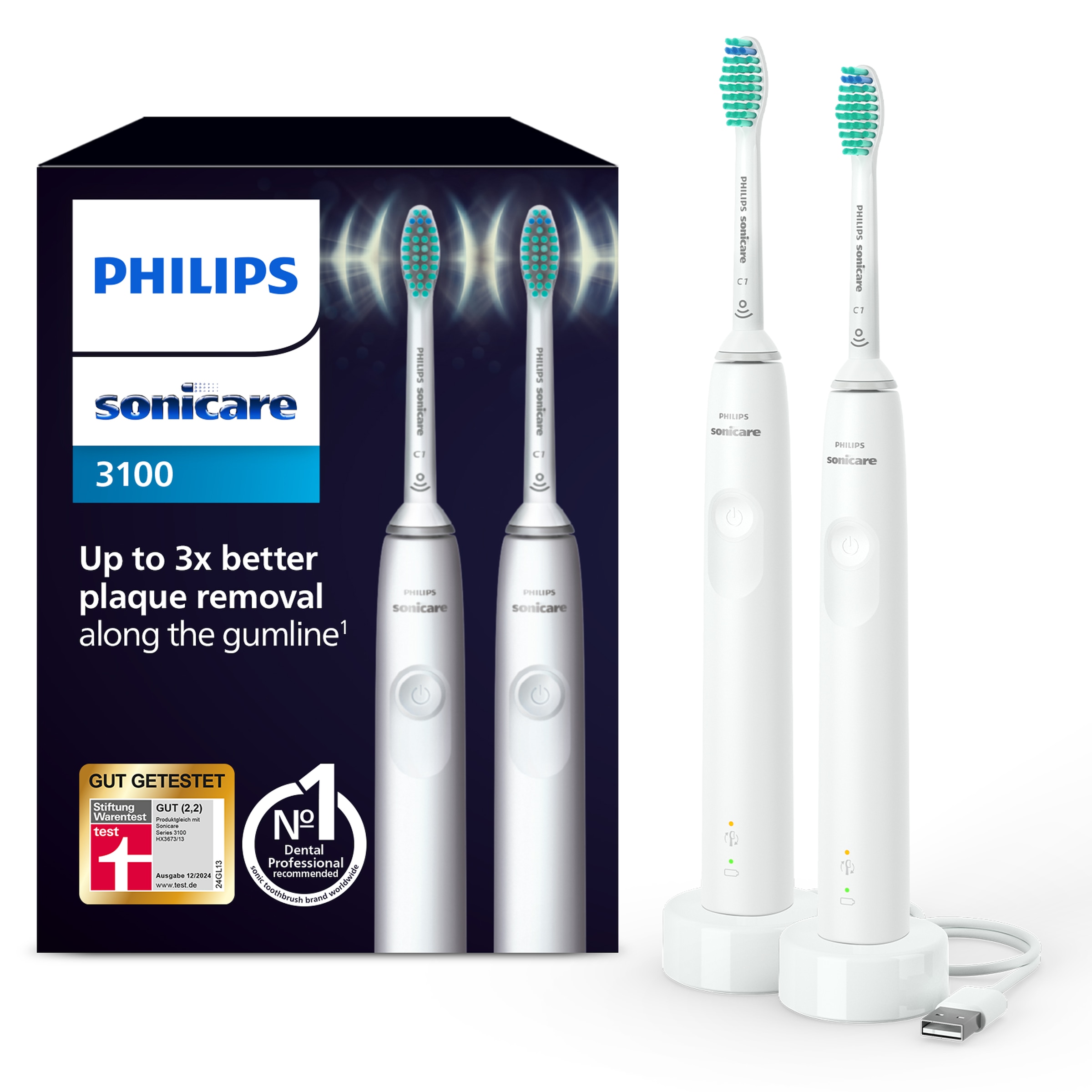 Philips Sonicare Elektrische Zahnbürste »Series 3100 HX3675/13«, 2 St. Aufsteckbürsten, Doppelpack, mit 4-Quadranten-Timer und 2-Minuten-Timer