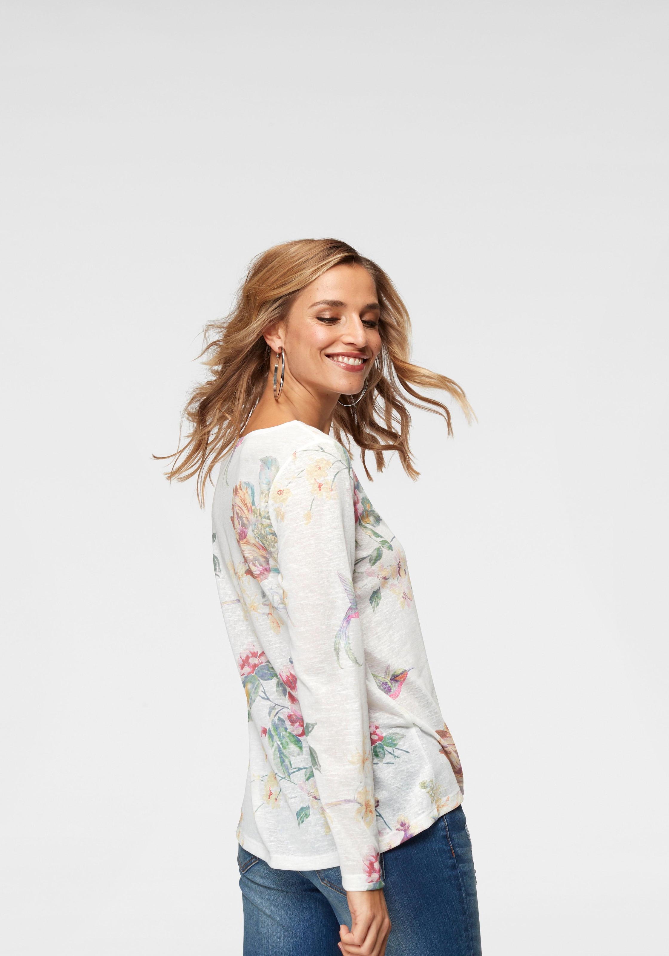 Aniston CASUAL Langarmshirt, mit großflächigem Blumendruck und Vögeln