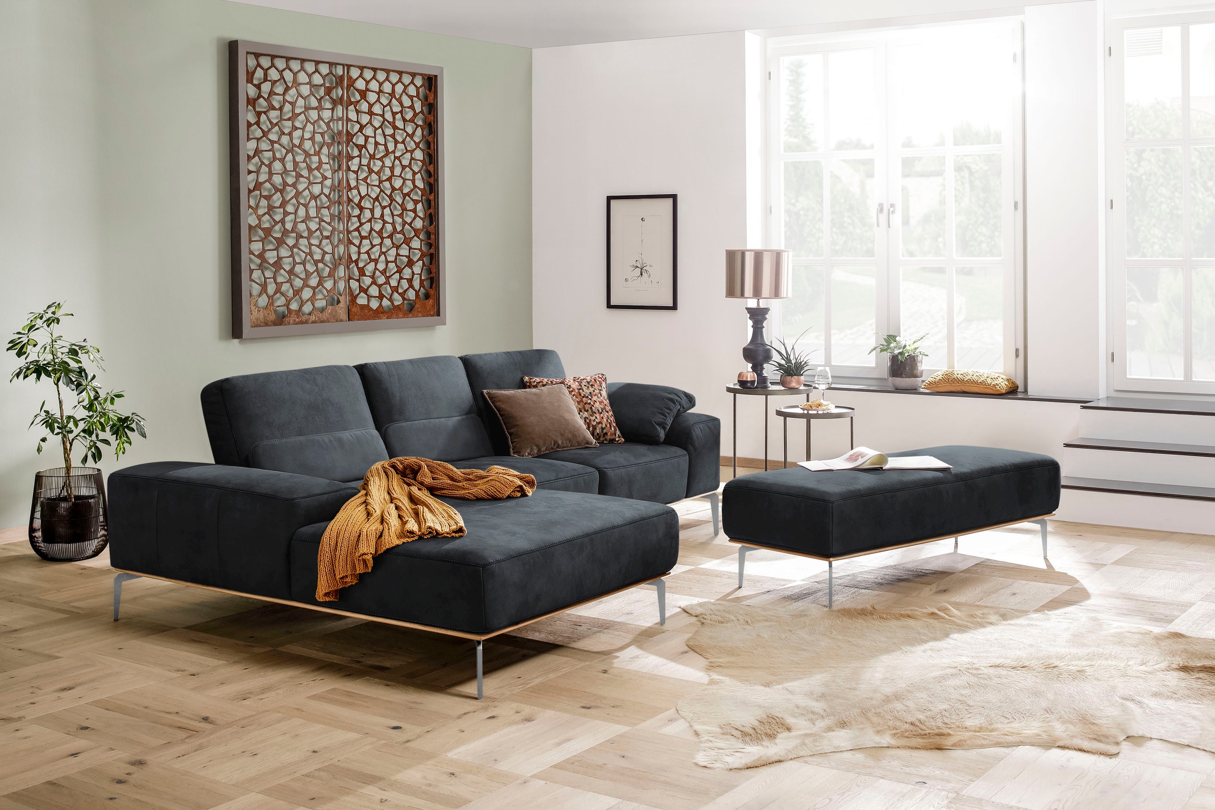 W.SCHILLIG Ecksofa »run, Designsofa mit tollem Sitzkomfort, L-Form«, mit elegantem Holzsockel, Füße in Chrom glänzend, Breite 279 cm