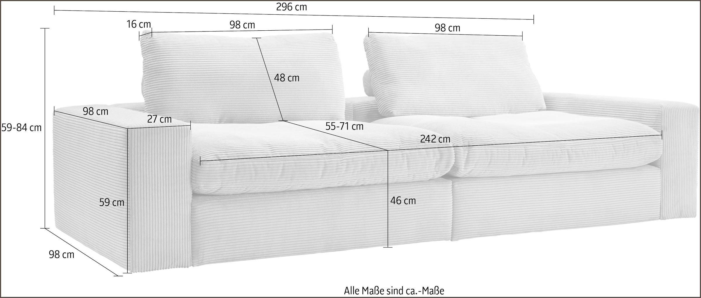 alina Big-Sofa »Sandy«, 296 cm breit und 98 cm tief, in modernem Cordstoff