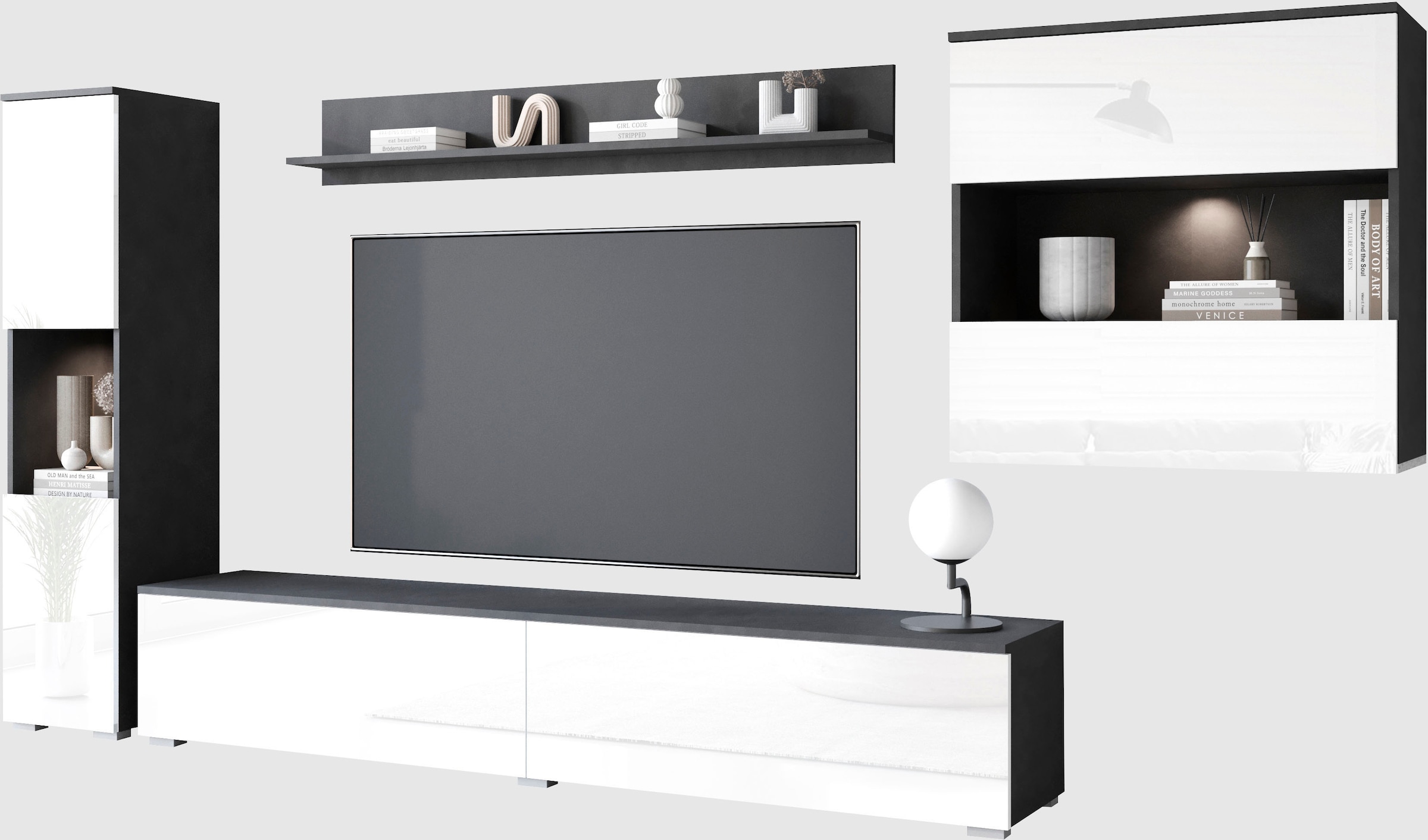 INOSIGN Wohnwand »PARIS«, (Komplett-Set, 4 St.), TV-Wand 300cm breite, grifflose Design, stehend und hängend montierbar