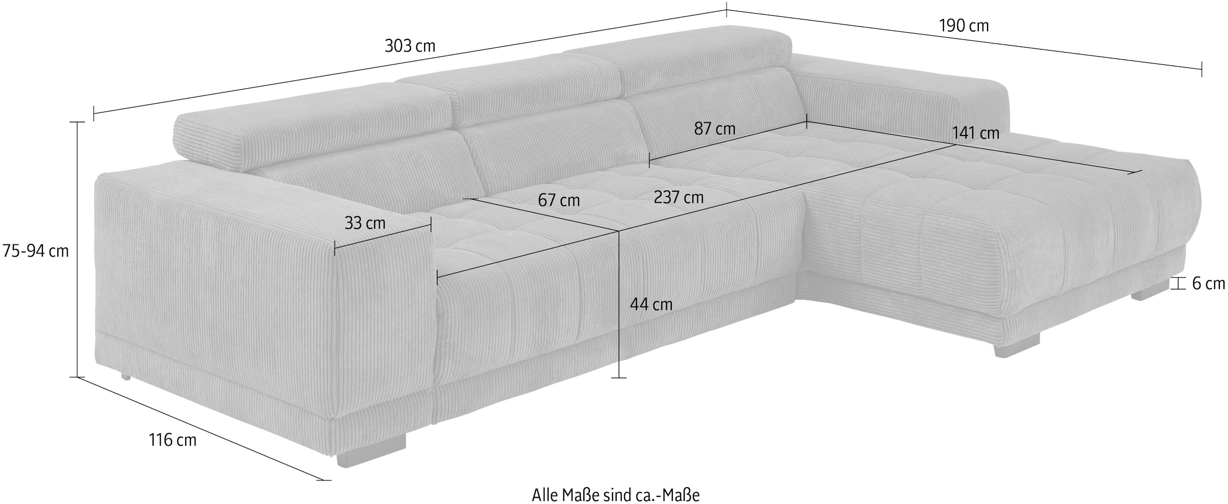 Die PlanBar Ecksofa »MP-IN15053 L-Form schmaler Schenkel«, mit Kopfteilverstellung, wahlweise mit manueller Vorziehbank