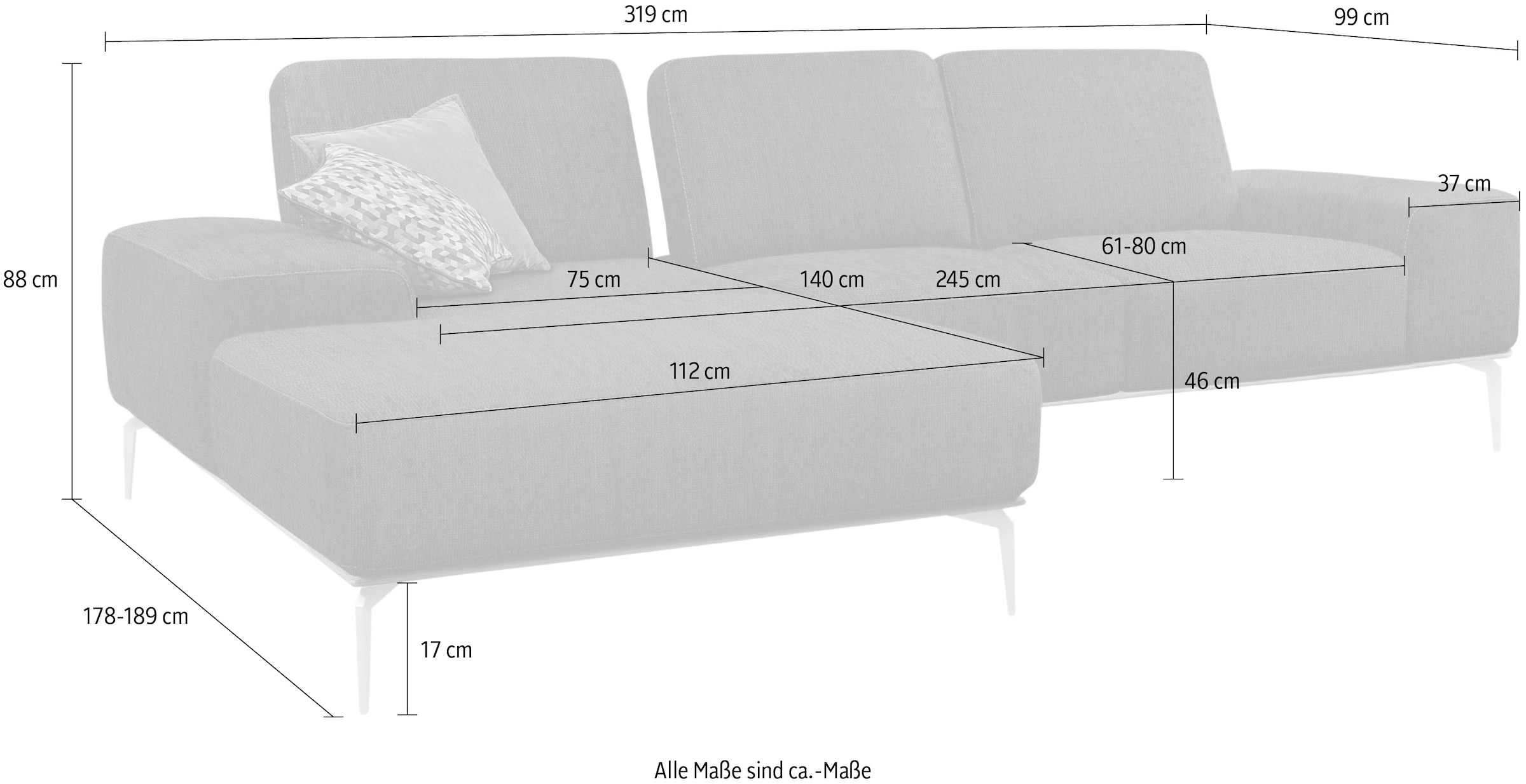 W.SCHILLIG Ecksofa »run, Designsofa mit tollem Sitzkomfort, bequem, L-Form«, mit Holzsockel, Füße in Schwarz pulverbeschichtet, Breite 319 cm
