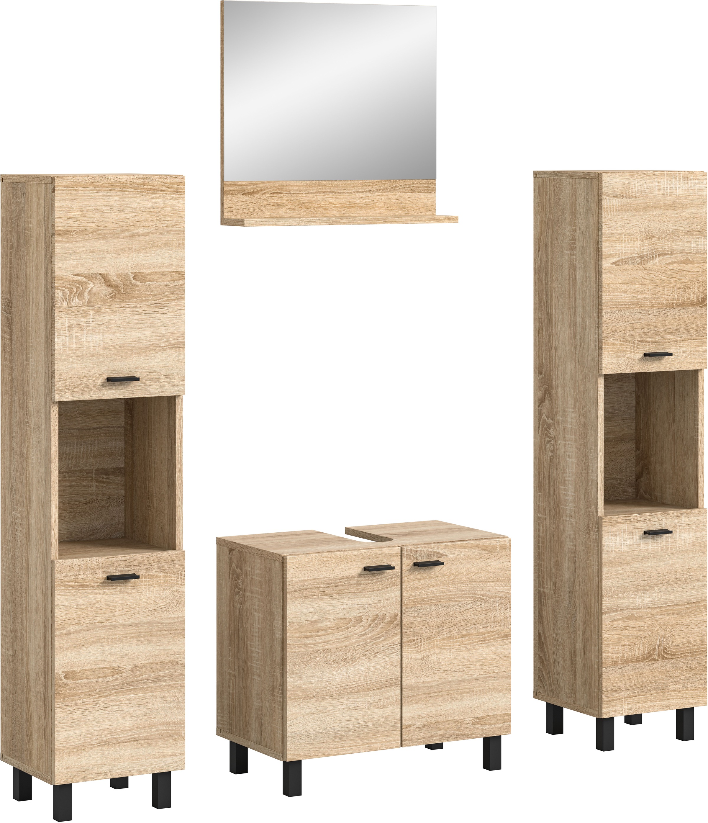 welltime Badmöbel-Set »Tampa, Breite 137cm, 4-teilig«, (4 St.), Waschbeckenunterschrank, Spiegel, Hochschrank