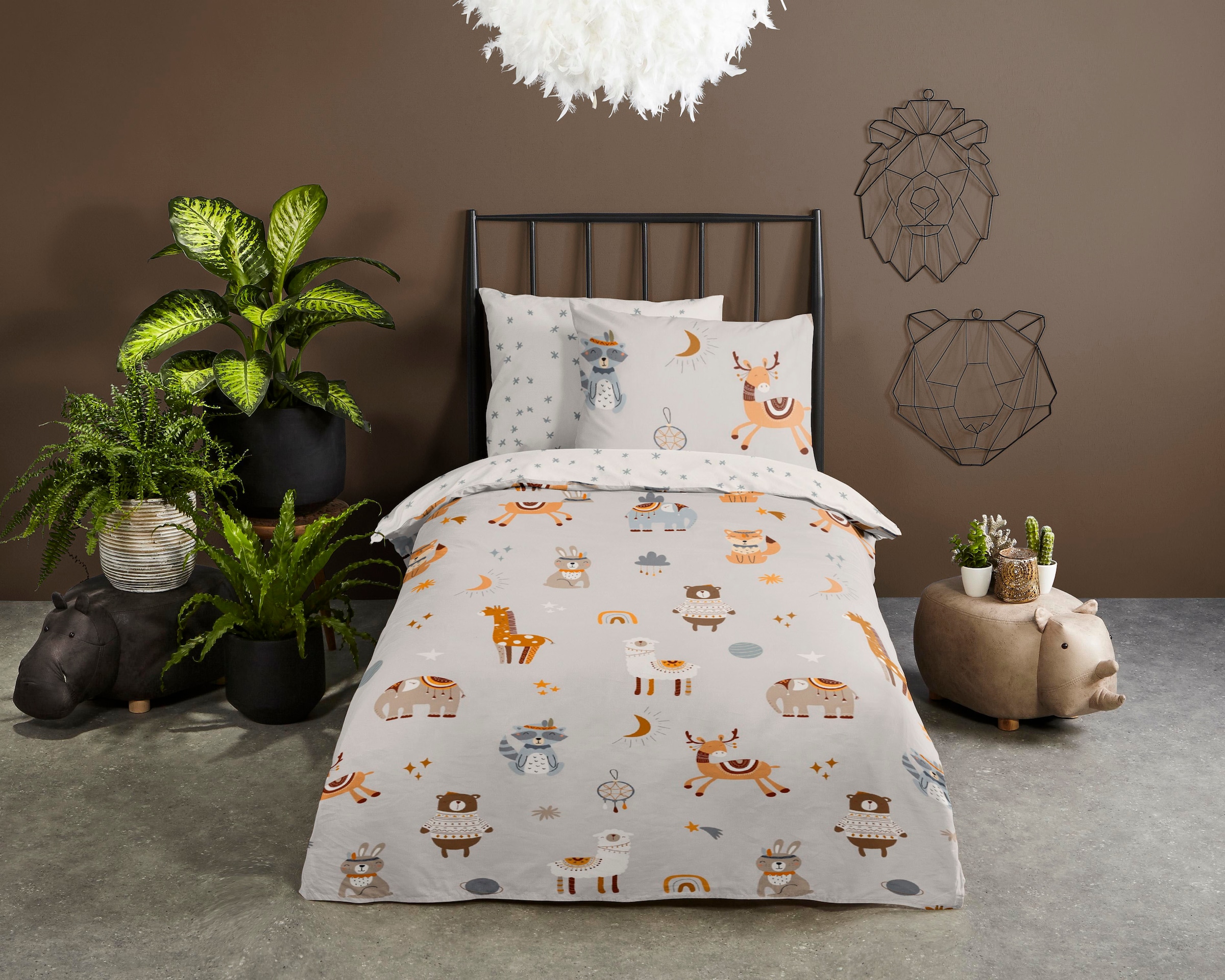 good morning Babybettwäsche »Woody«, Baumwolle, 100x135, Reißverschluss, Wende, Baby, Simple, Tier, Grau
