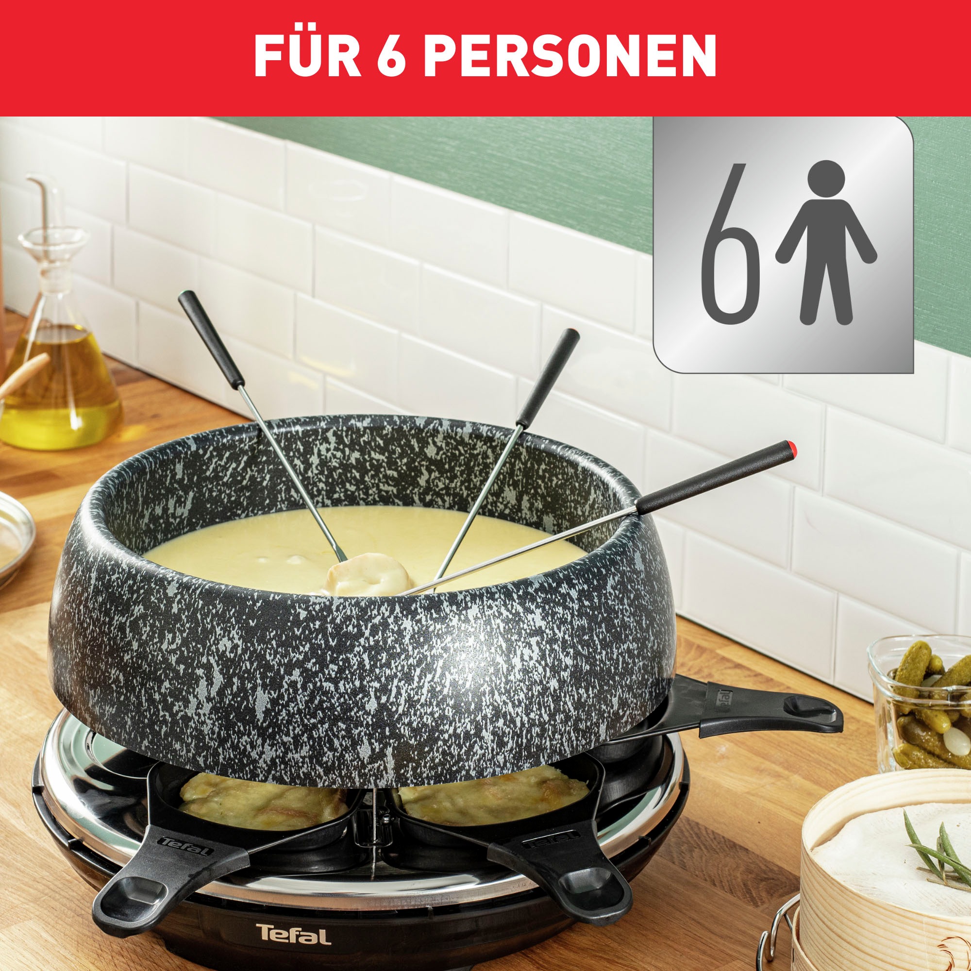 Tefal Raclette und Fondue-Set »Cheese 'n Co, 6 Raclettepfännchen, 850 W, für 6 Personen,« 6 Stk. Raclettepfännchen 850 W spülmaschinengeeignet, mit Rezeptbuch, Stein-Optik, RE12C8