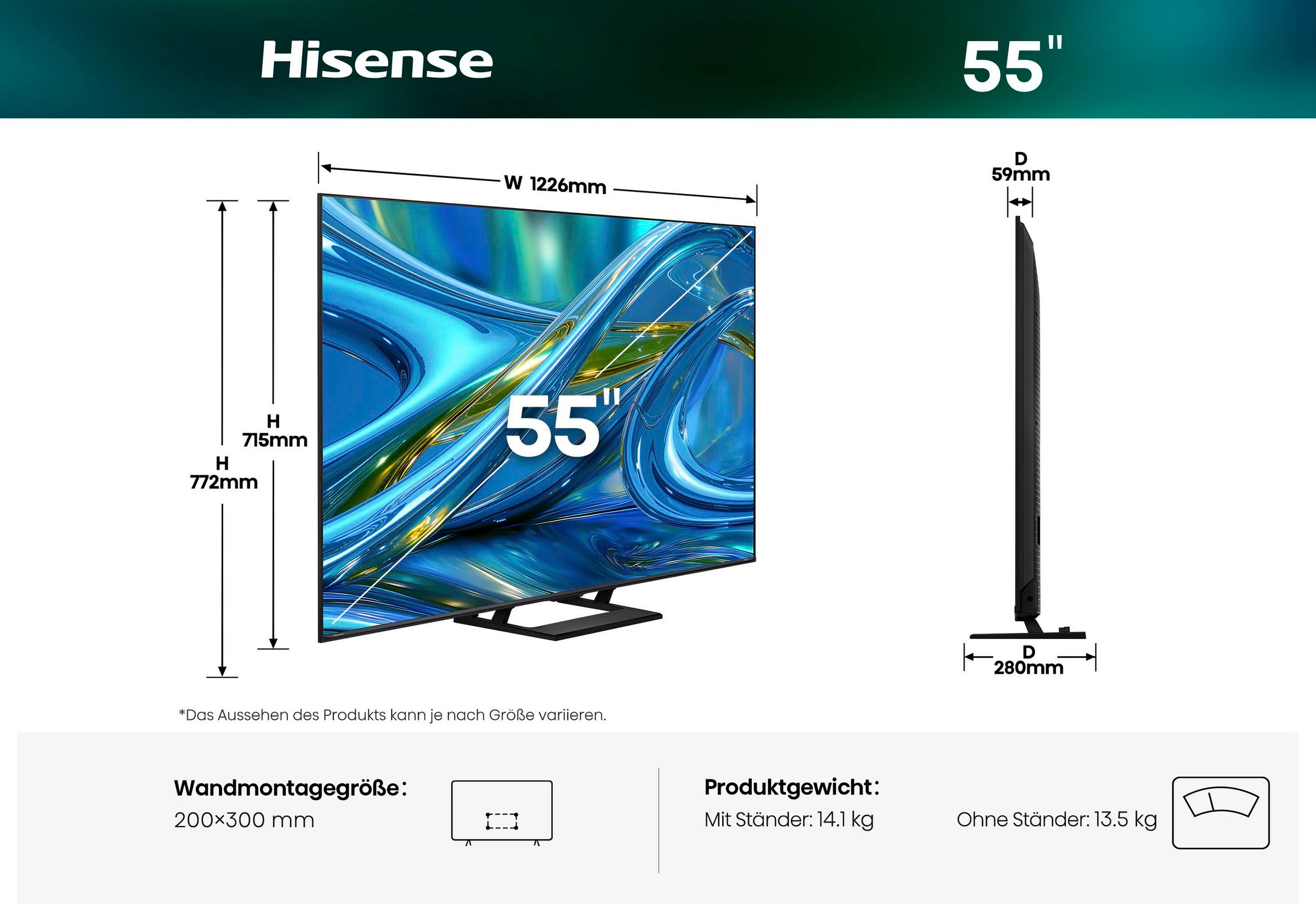 Hisense Mini-LED-Fernseher »55E8S« 139 cm/55 ″ Smart-TV inkl. HS2000 Soundbar im Wert von UVP €129
