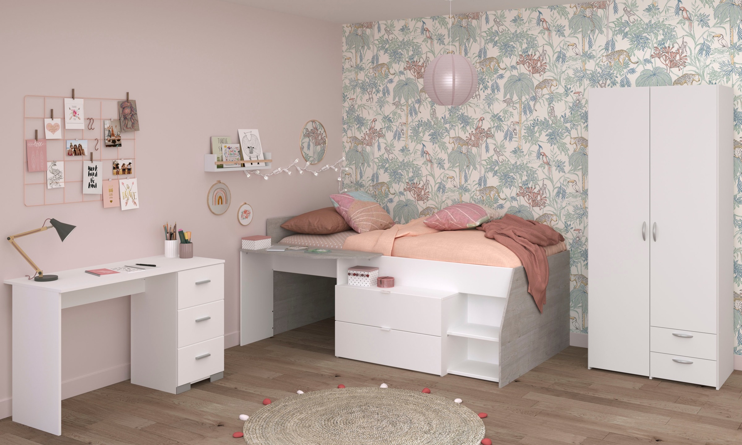 Parisot Jugendzimmer-Set »Parisot Milky 13«, (3 tlg.), viel Stauraum, halbhohes Hochbett