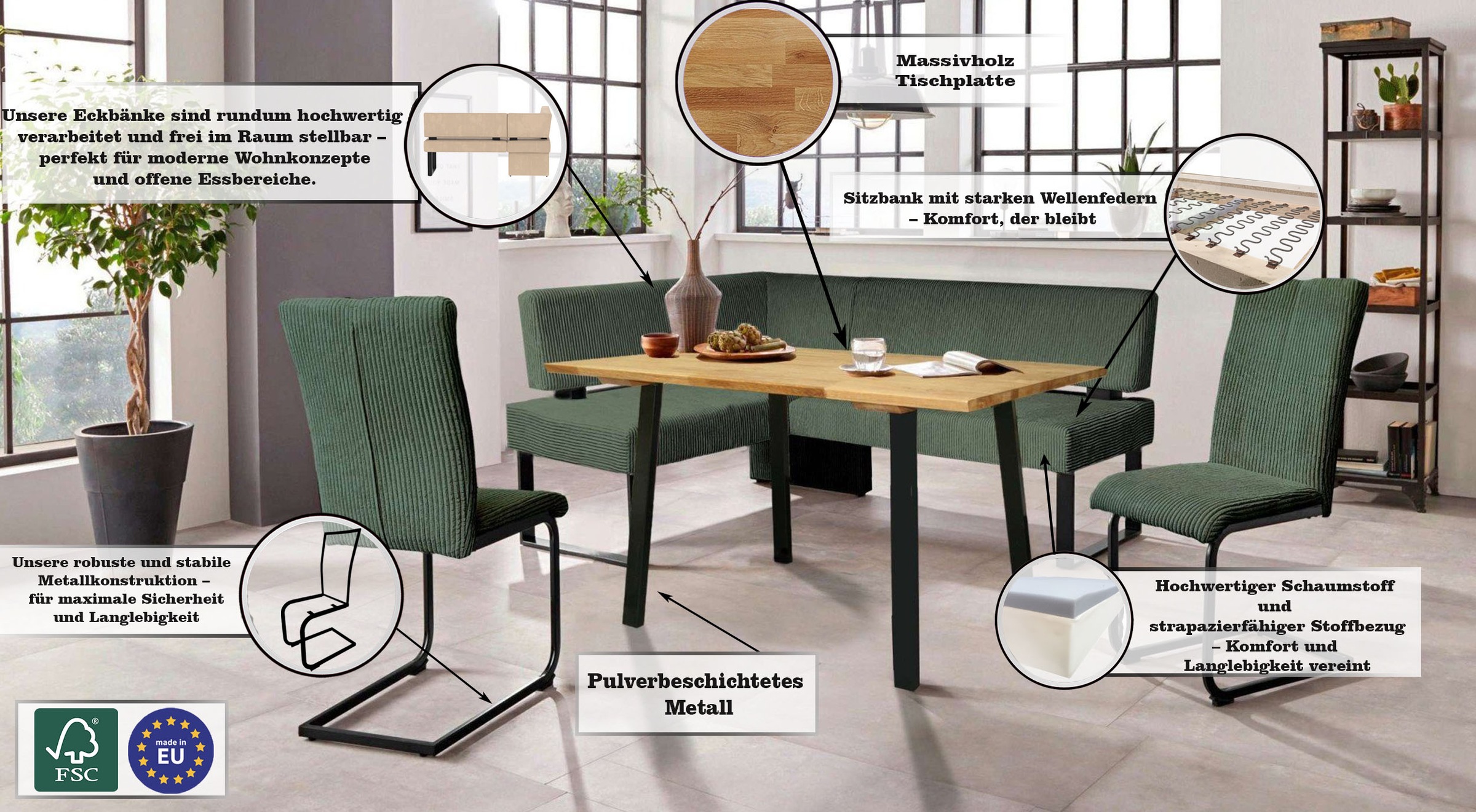 Home affaire Eckbankgruppe »Oliver«, (Set, 4 tlg., 4-tlg), Eckbank mit Wellenunterfederung im Sitz, Tisch Massiv Eiche