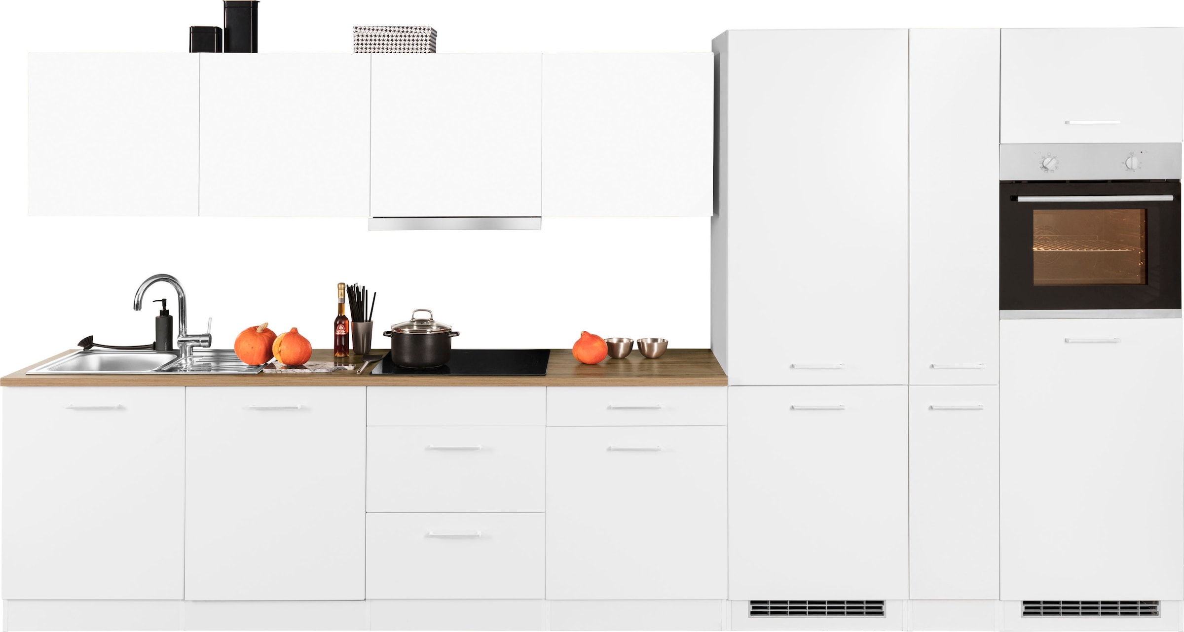KOCHSTATION Küchenzeile »KS-Kehl«, mit E-Geräten, Breite 390 cm, inkl. Kühl/Gefrierkombination