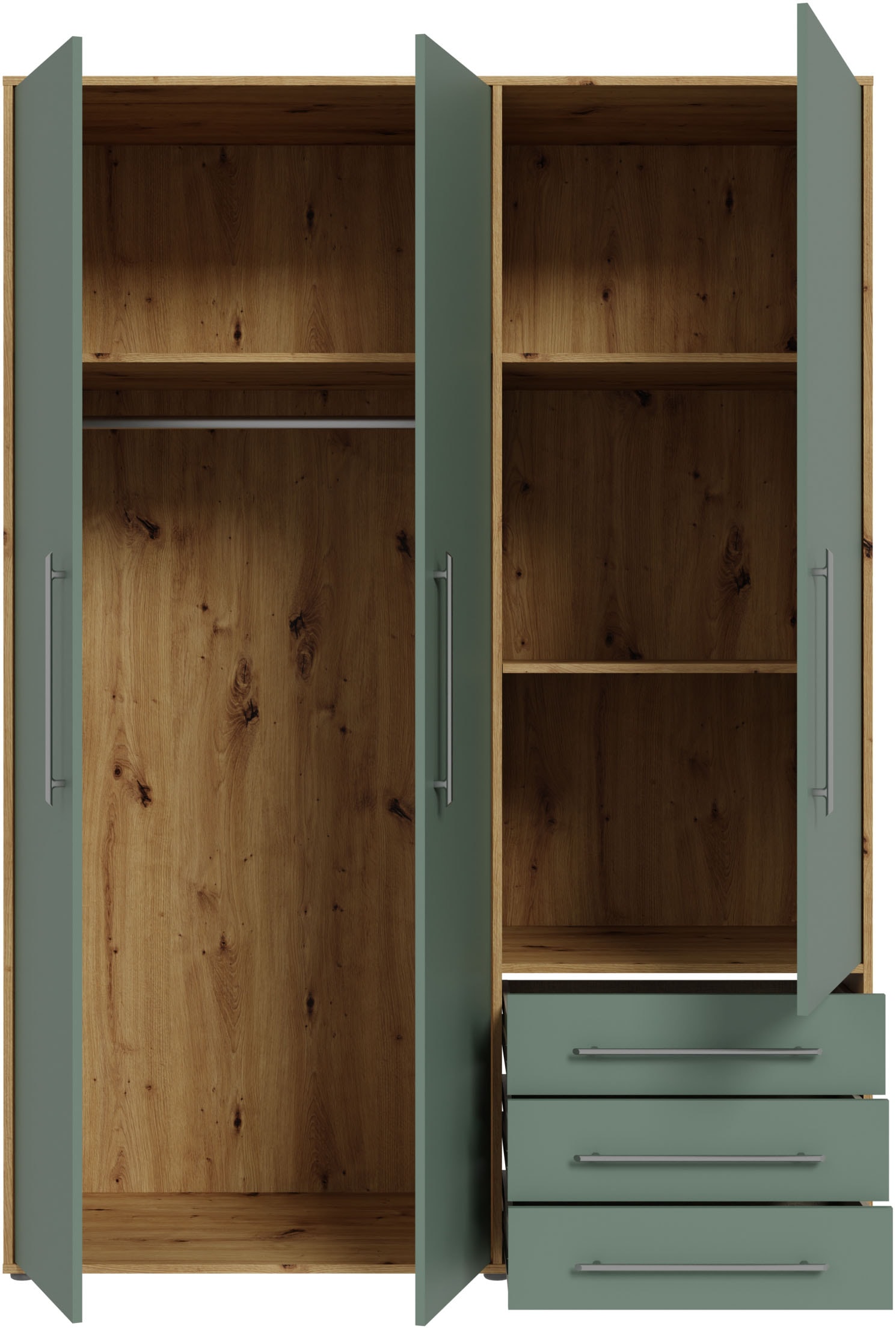 FORTE Drehtürenschrank »Kleiderschrank,zeitloses Design,3 türig« viel Stauraum, Schubladen, Stangengriffe, Made in Europe