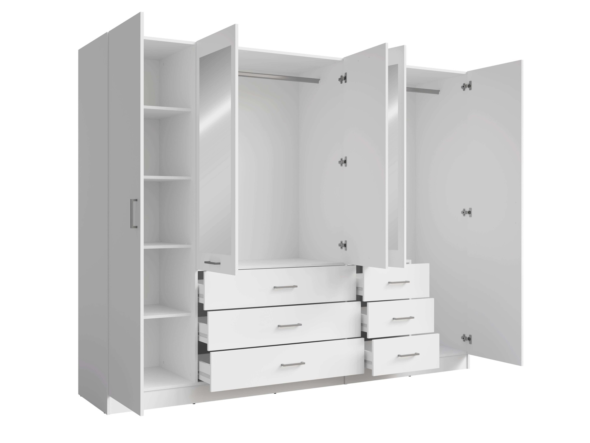 Home affaire Kleiderschrank »KOS Garderobe mit 6 Schubladen, Kleiderstange, 5 Einlegeböden, Spiegel«, Wäscheschrank mit 5 Drehtüren, silber Griffen, Maße B/H/T 250/200/58cm