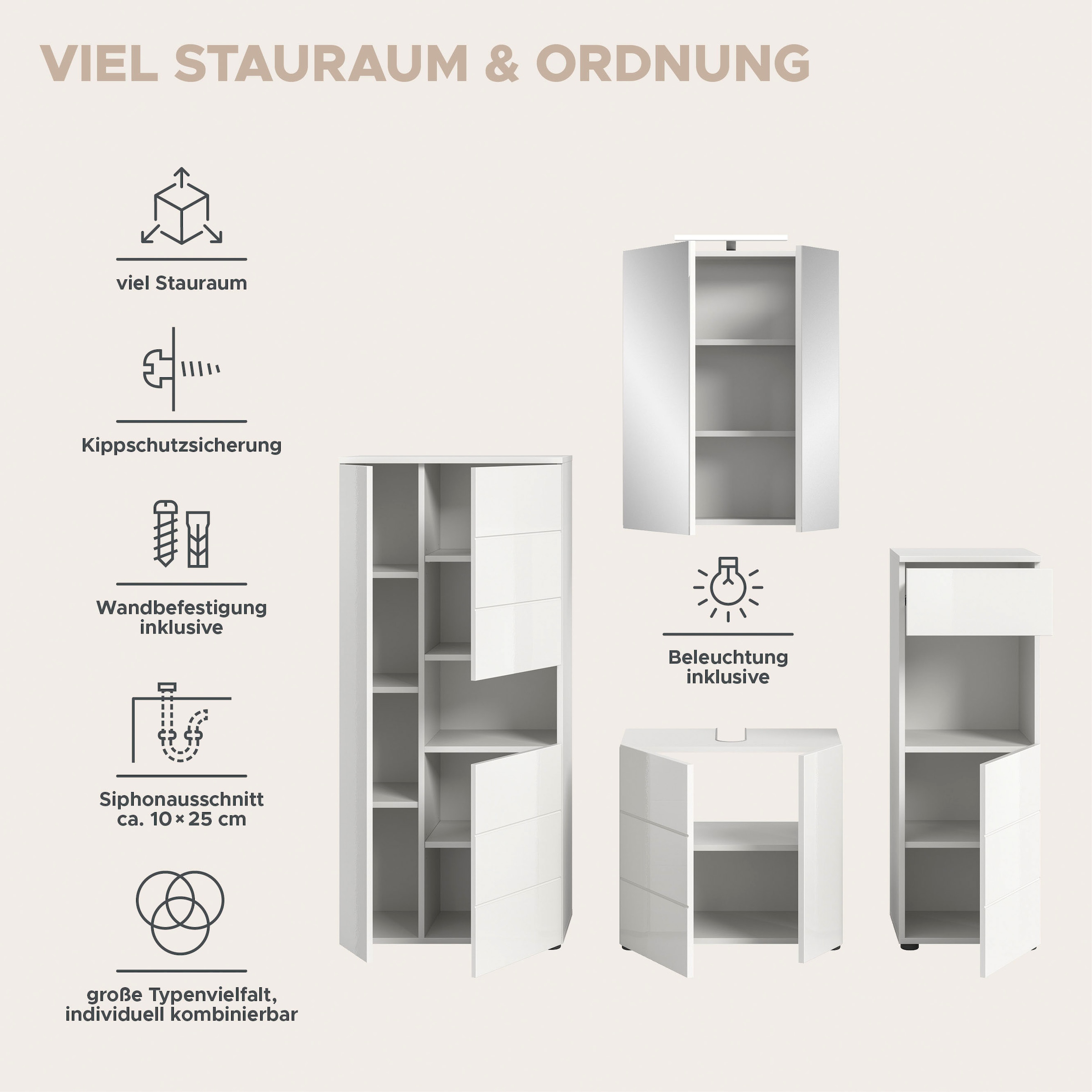 welltime Badmöbel-Set »Biel, Höhe 190 cm,Hochschrank,WBU, Spiegelschrank, Unterschrank, Lampe«, (5 St.), Bad Set, modernes Design, Unterschrank, Spiegel, Aufsatzleuchte