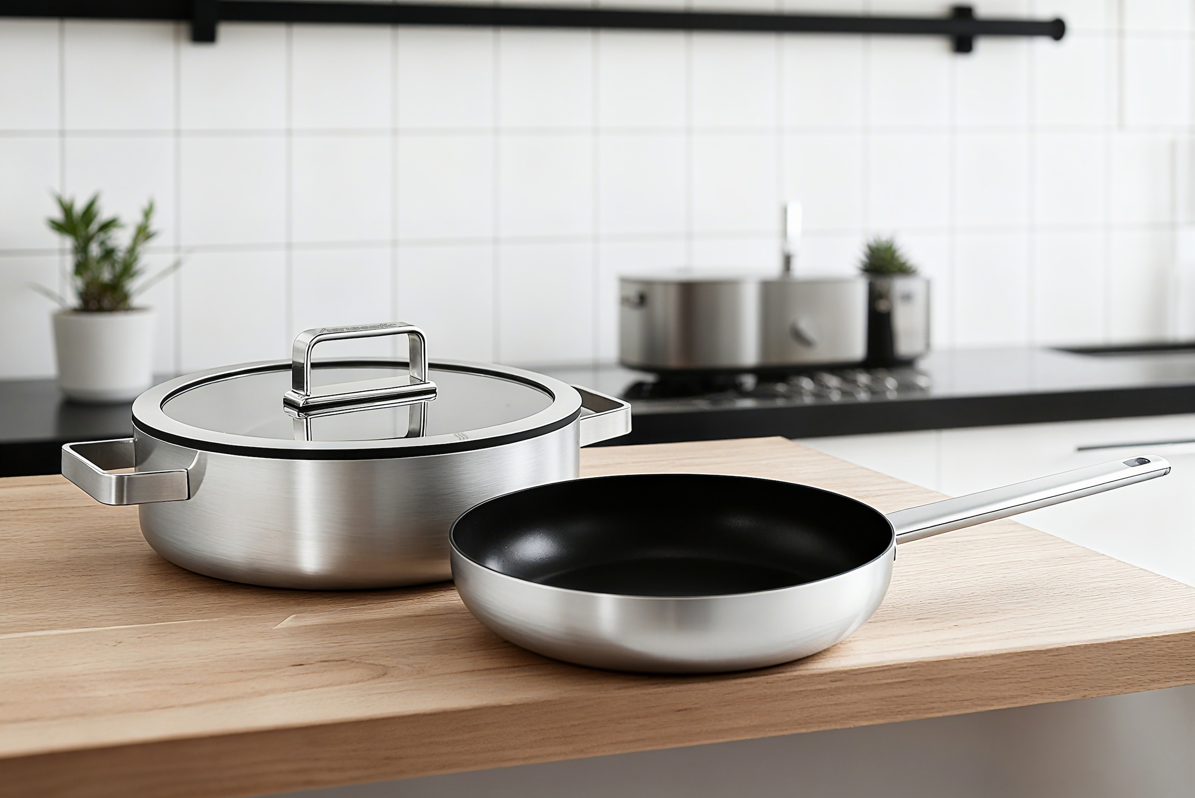 Hanseatic Pfannen-Set »PREMIUM« Edelstahl Set, 1x Pfanne 24 cm, 1x Servierpfanne 28 cm mit Deckel, 3 Stk. tlg. mit Antihaftbeschichtung, für alle Herdarten, Induktion