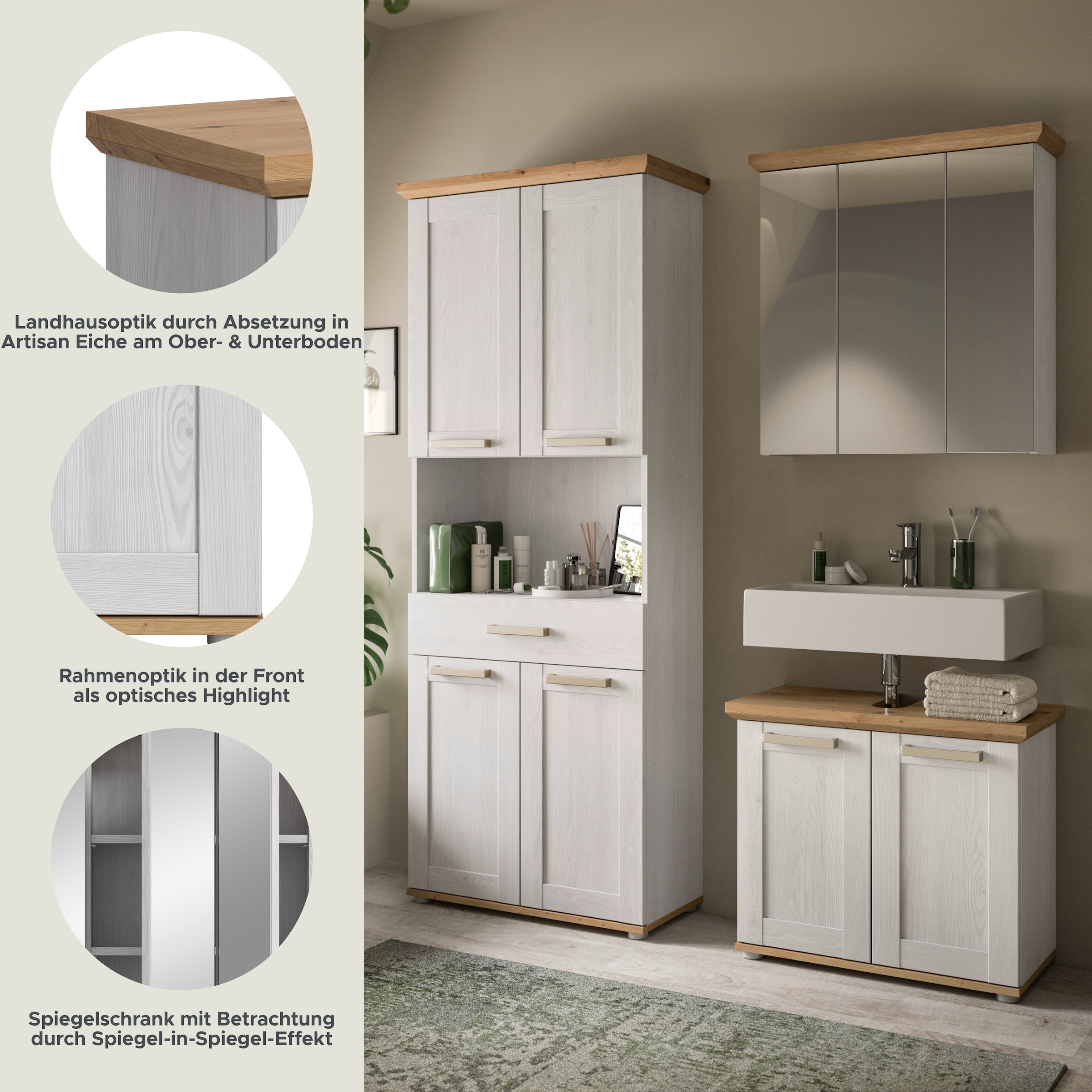 welltime Badmöbel-Set »COSENZA, 3-teilig, in Landhausoptik, mit farblich abgesetztem Kranz« best. aus: Hochschrank, Spiegelschrank und Waschbeckenunterschrank, 3 Stk. tlg.