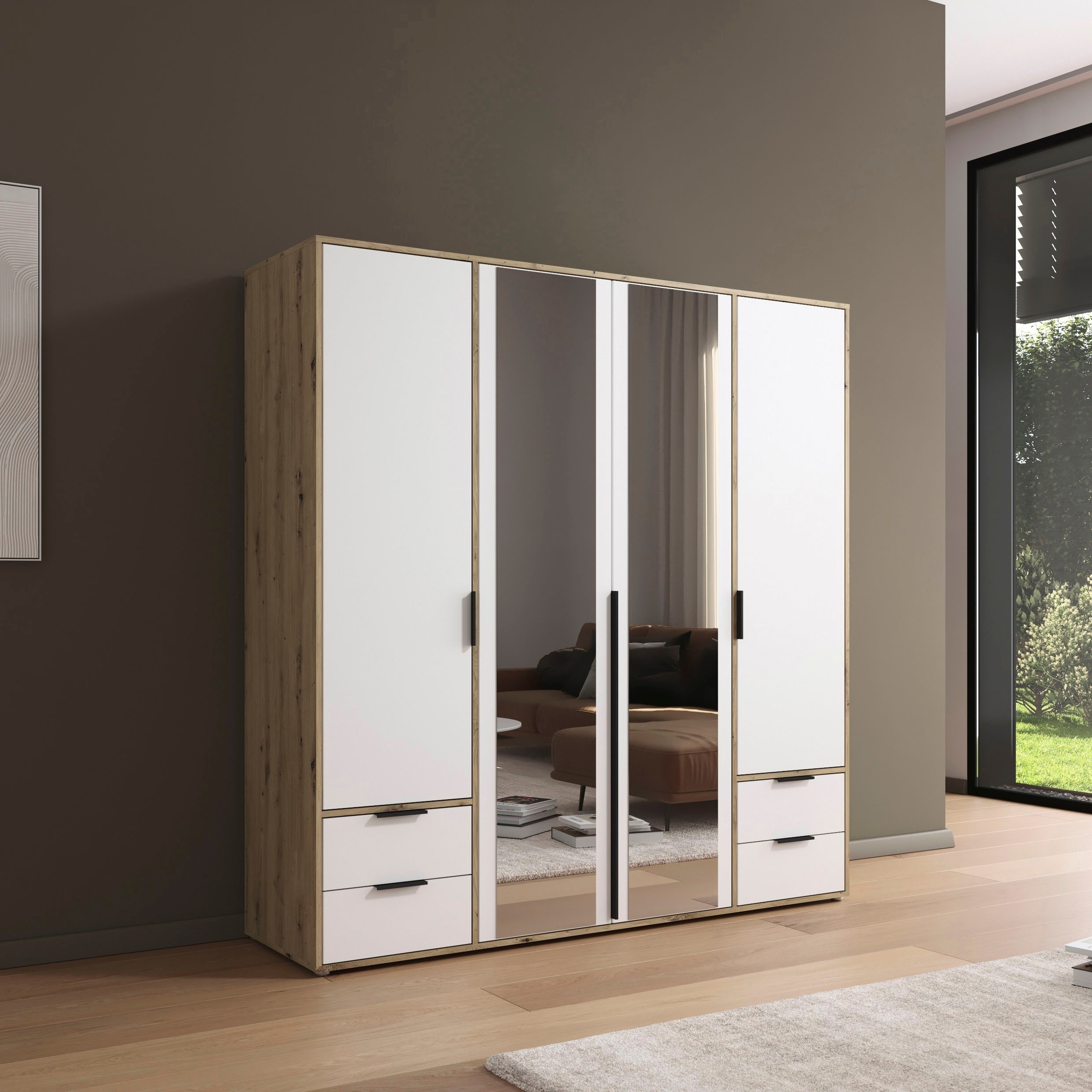 rauch Drehtürenschrank »Kleiderschrank Schrank Garderobe Wäscheschrank NAGATA mit Spiegel«, (in 3 verschiedenen Ausstattungen BASIC/CLASSIC/PREMIUM), und Schubladen sowie Stangengriffen TOPSELLER MADE IN GERMANY