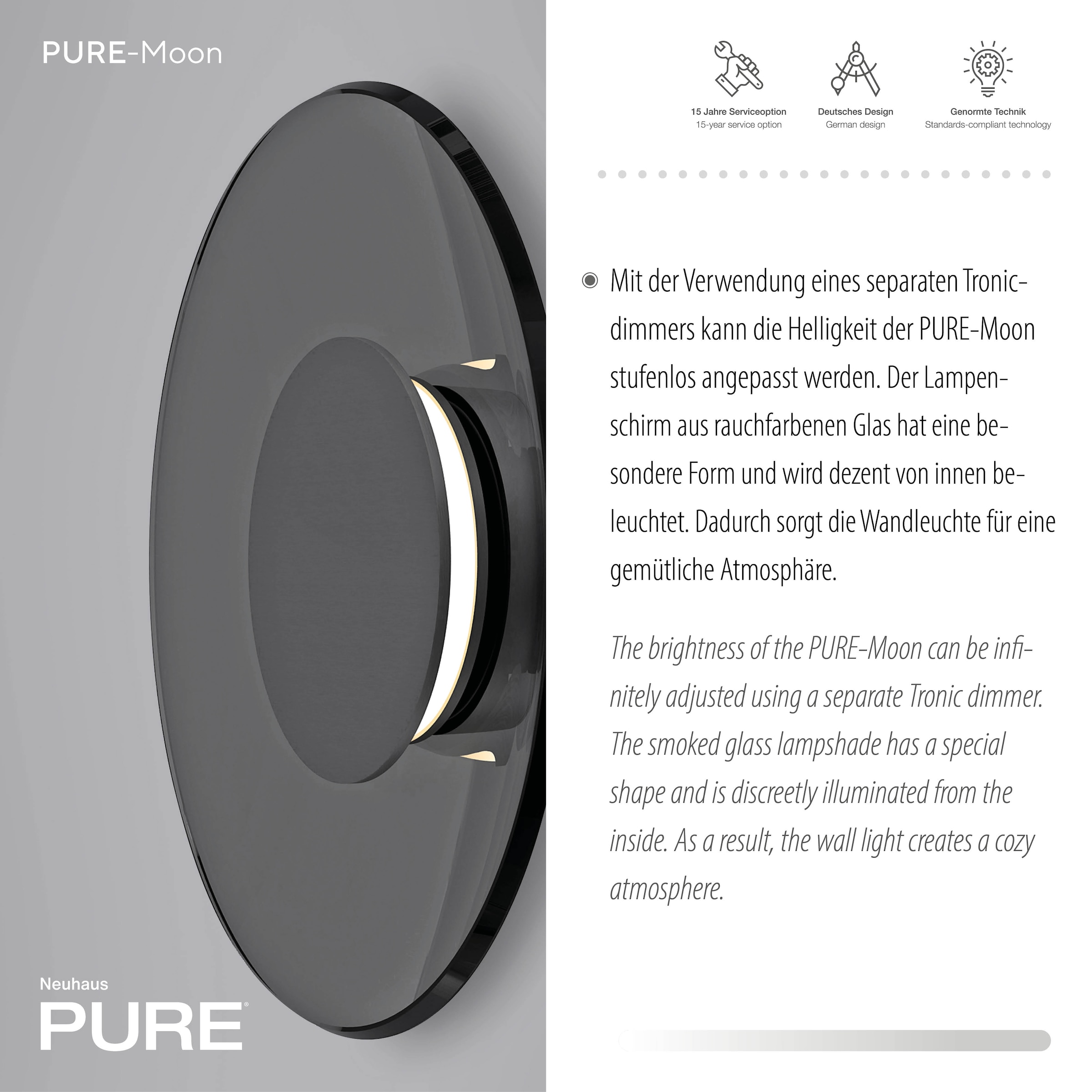 Neuhaus PURE LED Wandleuchte »PURE Moon« LED-Board 1 Stk. Warmweiß Dimmfähig über separaten Dimmer, Glas Rauchfarben