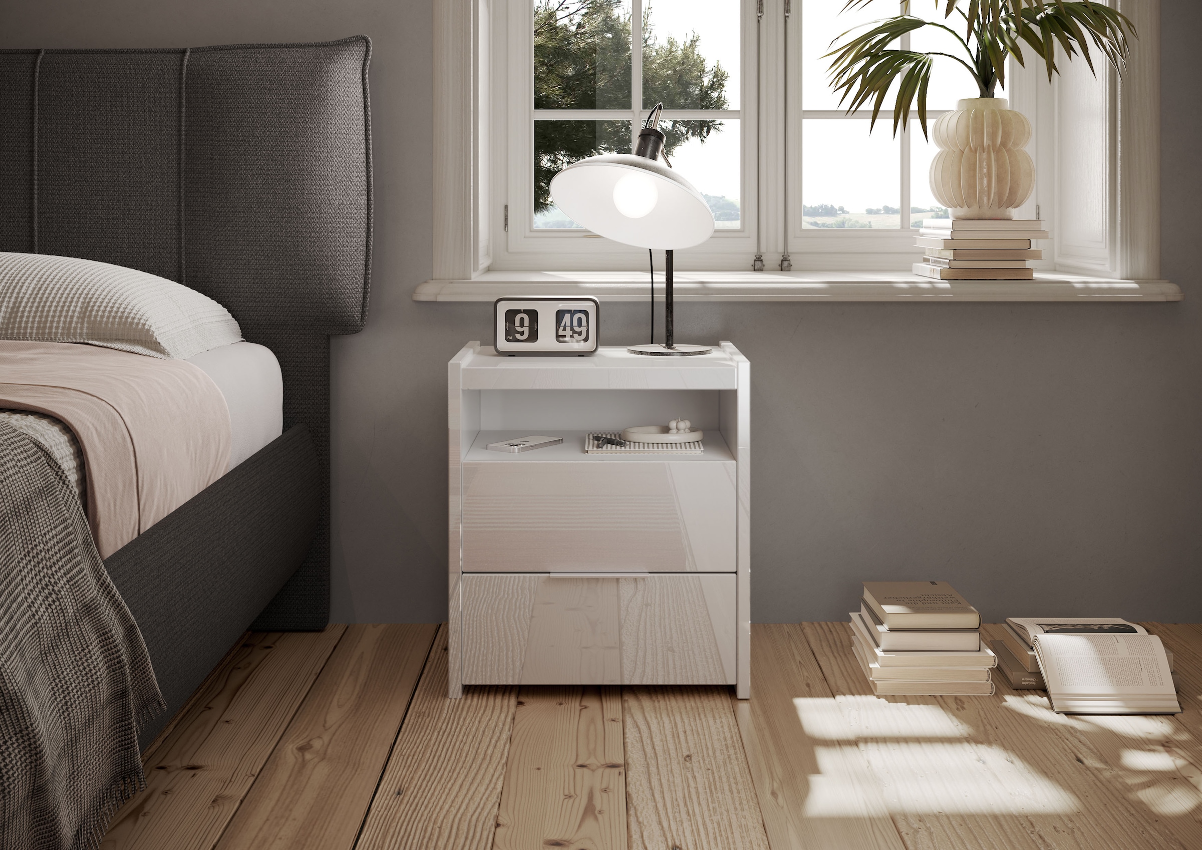 INOSIGN Nachtkommode »Malmo, Nachtschrank 2er Set, B/T/H 52/40/58 cm, mit 2 Schubkästen,«, (Set, 2 Nachtkommoden), offene Ablage, Top 22 mm stark, Metallgriff, Weiss Hochglanz Lack