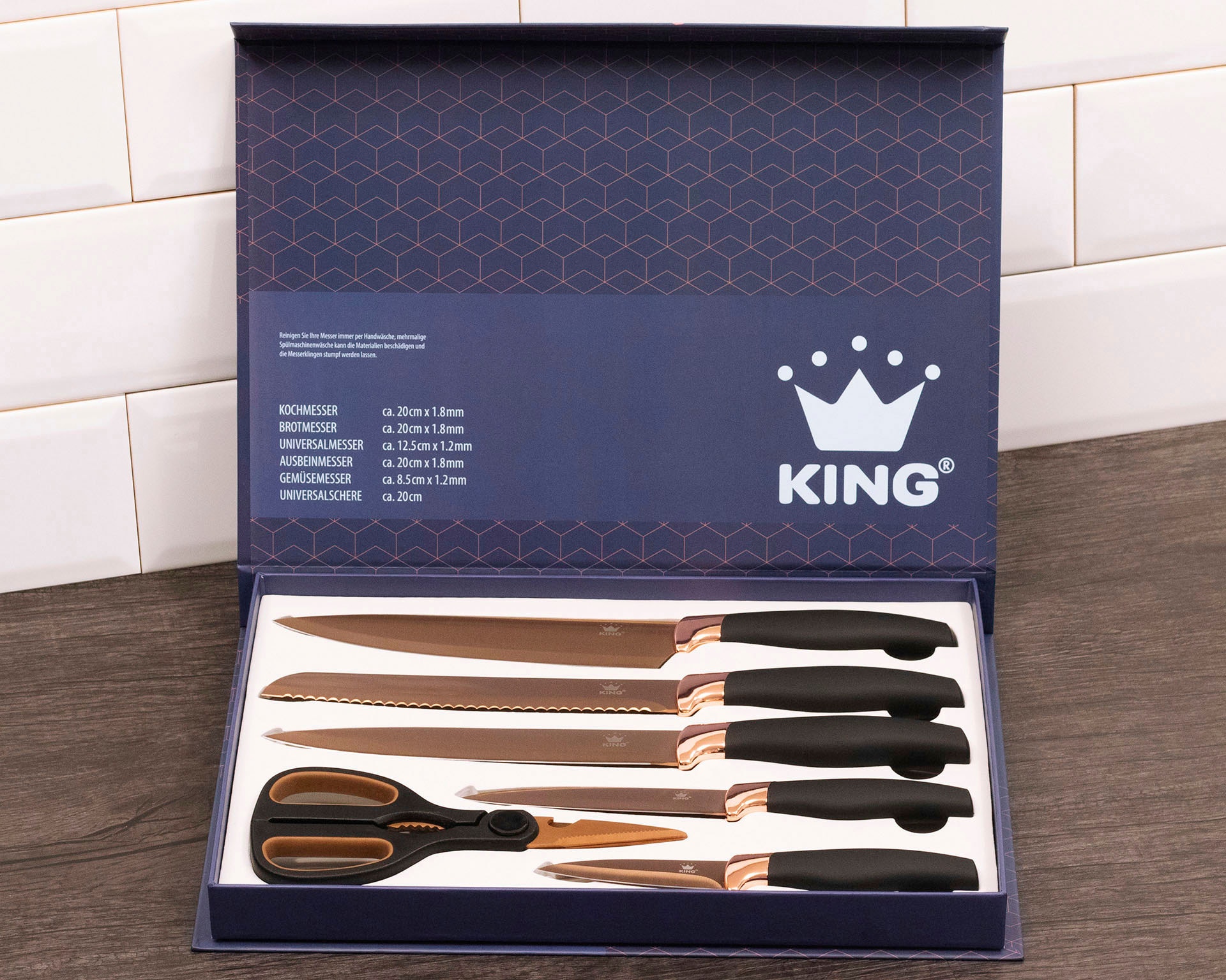 KING Messer-Set »TITANIUM ROSÉ«, (Set, 6 tlg.), 5 Küchenmesser, 1 Schere, beschichtete Messer- und Scherenklinge