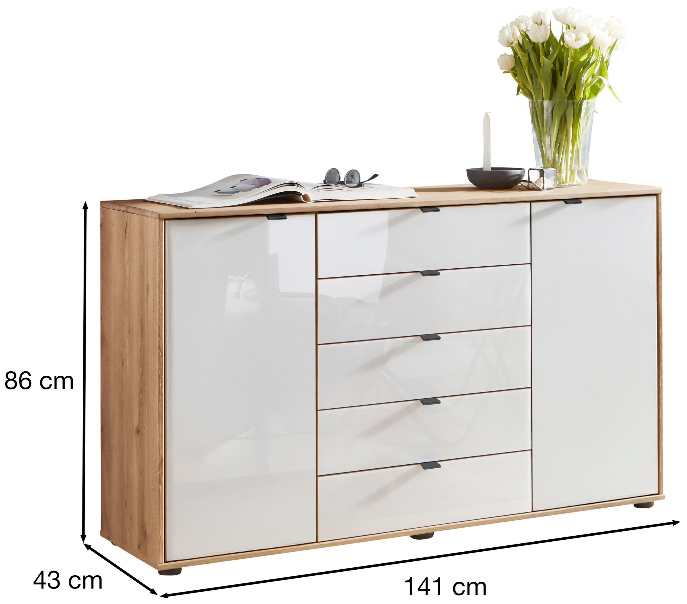 WIEMANN Kombikommode »Cardiff Sideboard, Wäscheschrank, teilmassiv Bianco-Eiche, Schubladen« Kommode 141x86x43 cm, braun, mit Dämpfung, MADE IN GERMANY,  verschiedenen Ausführungen, inklusive Einlegeböden