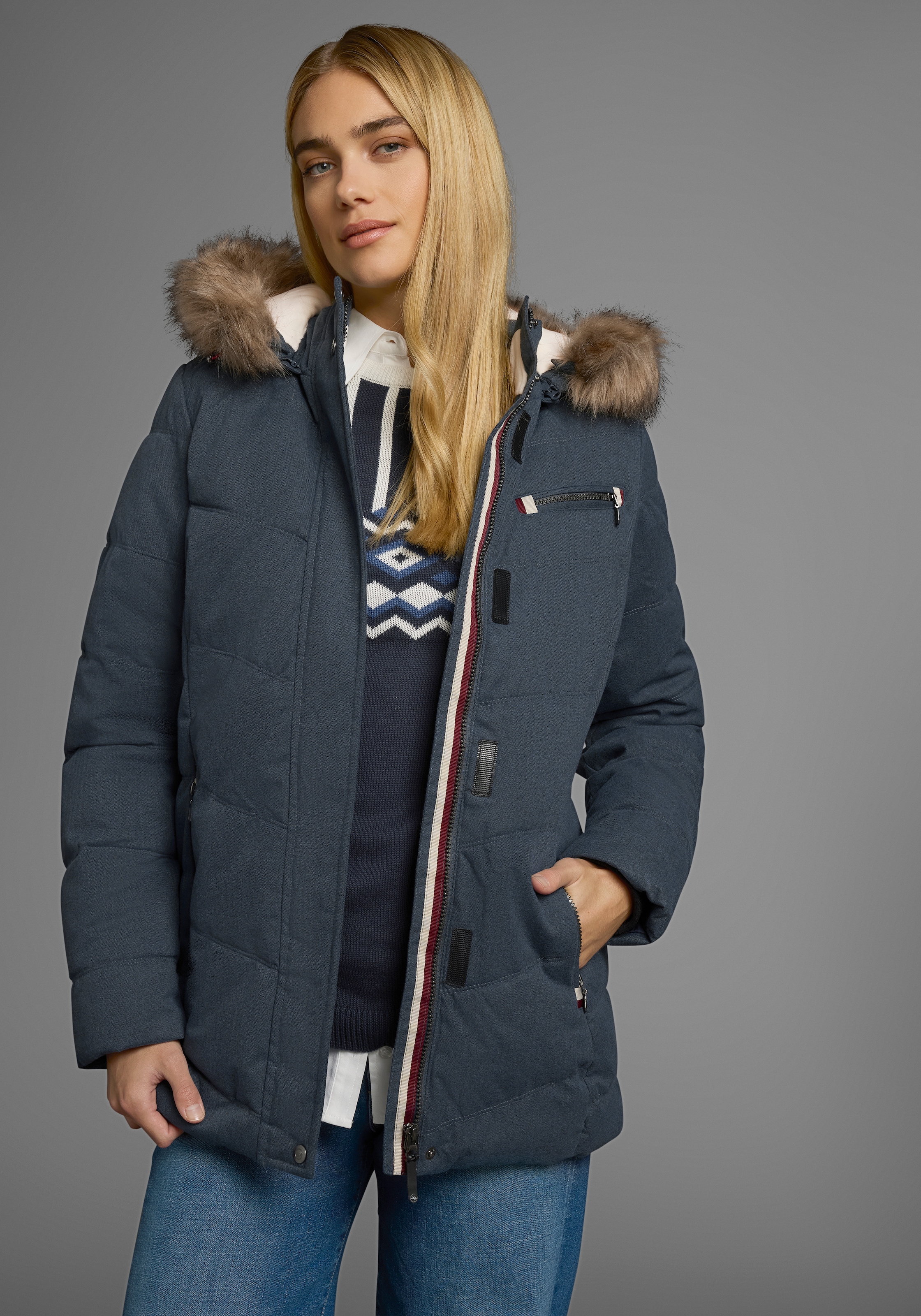 Polarino Steppjacke mit Kapuze mit abnehmbarer Kapuze,  mit Fellimitat,  viele Taschen