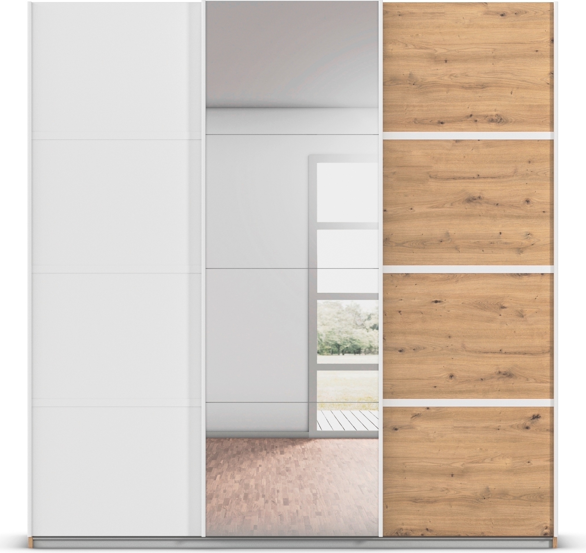 rauch Kleiderschrank »Schwebetürenschrank OTTO´s Choice Garderobe Schrank TOP ANGEBOT Avola«, (in 3 verschiedenen Ausstattungen BASIC/CLASSIC/PREMIUM inkl. Spiegel), mit eleganten Zierleisten in Chrom, Schwarz oder Weiß MADE IN GERMANY