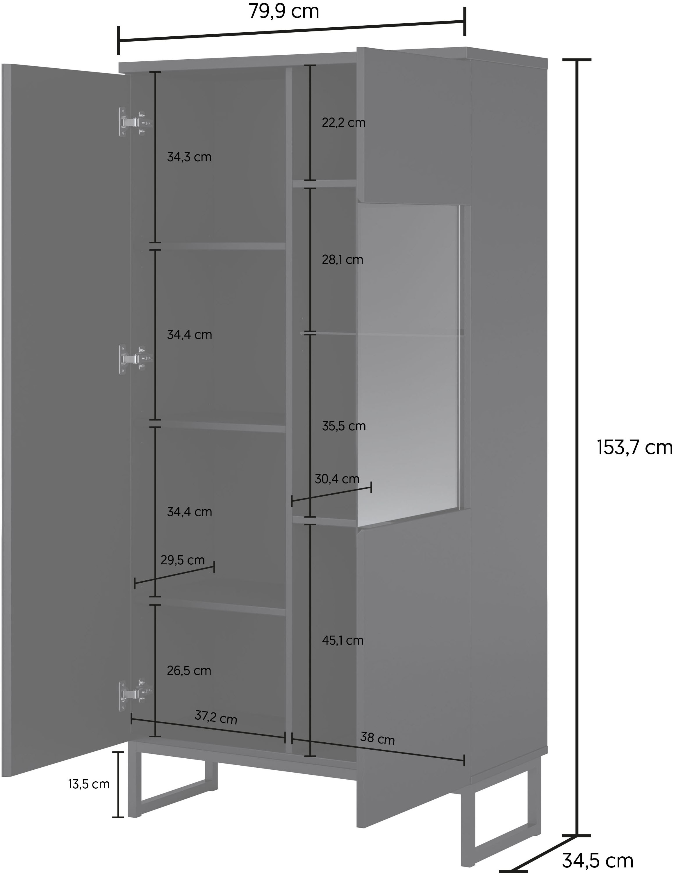 OTTO home Vitrine »Modo II, Breite 80 cm, moderner griffloser Vitrineschrank« Vitrine viel Stauraum, Einlegeböden verstellbar, Glastür, Metallkufen