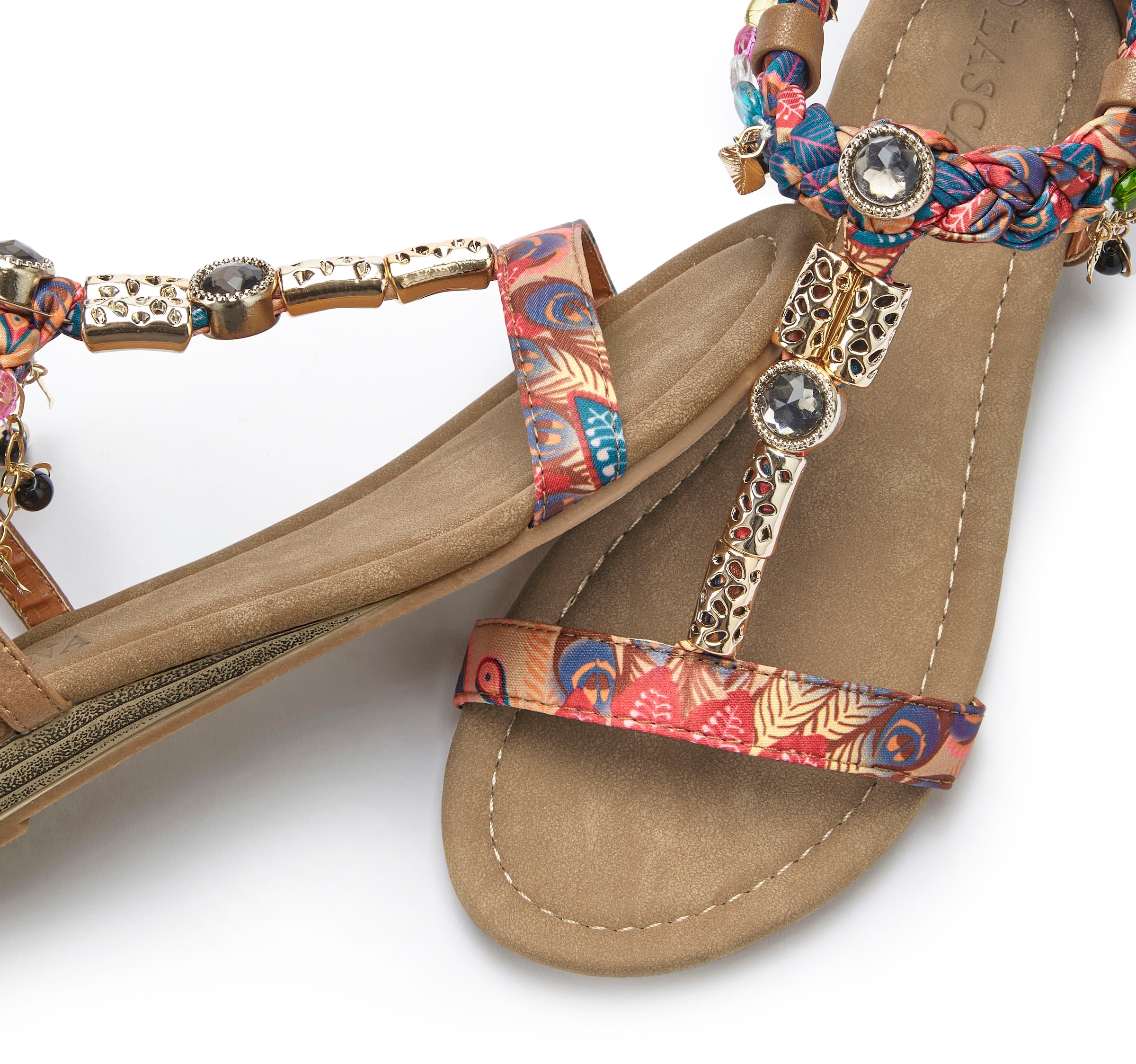 LASCANA Sandale »Sommerschuh, Sandalette, offener Schuh,«  mit Schmuckkettchen und Schmucksteinen im Festival-Look VEGAN
