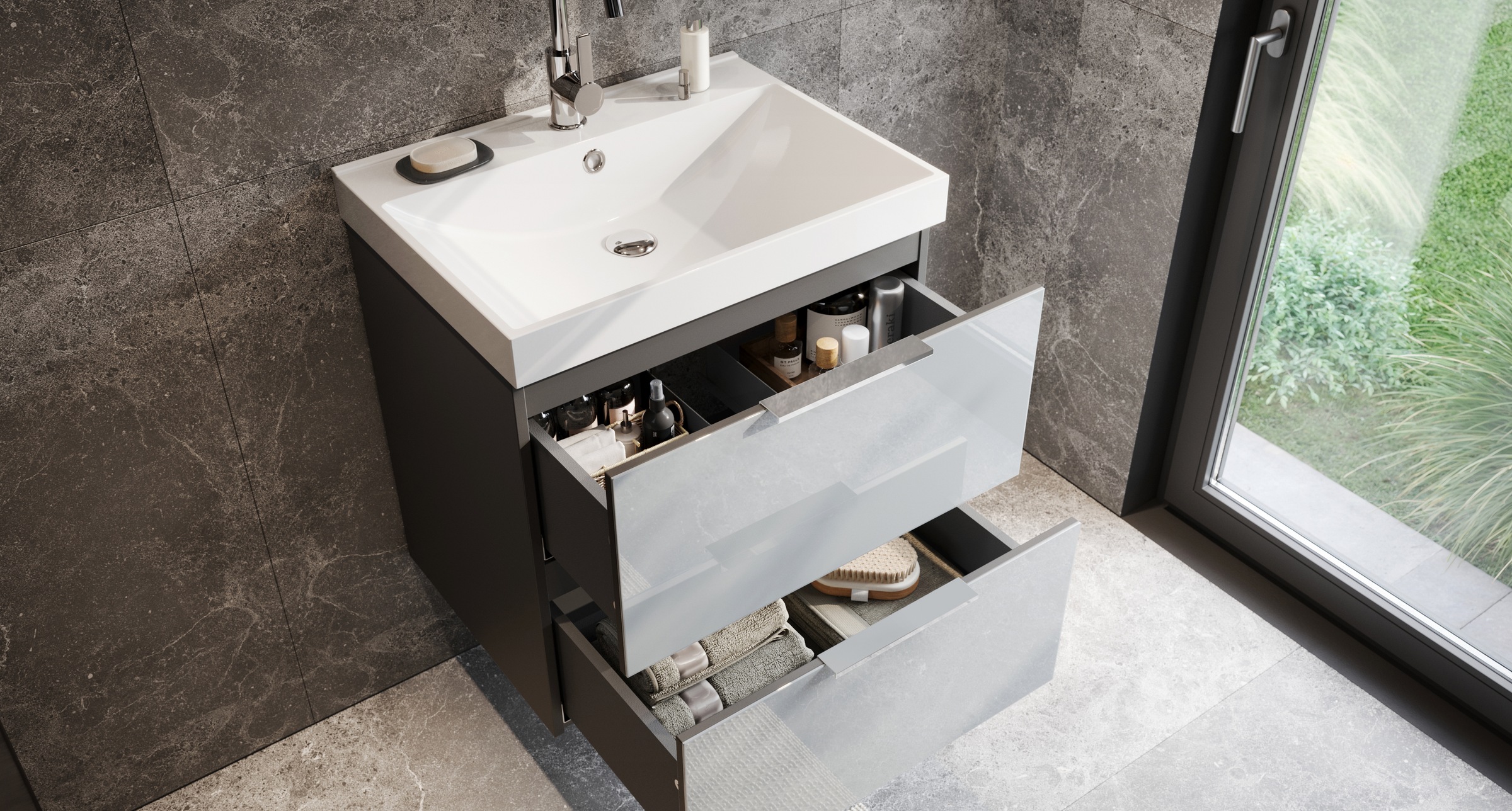 GERMANIA Waschtisch »Bisbee« 1 Stk. tlg. Waschtisch mit Glasfront in verschiedenen Breiten