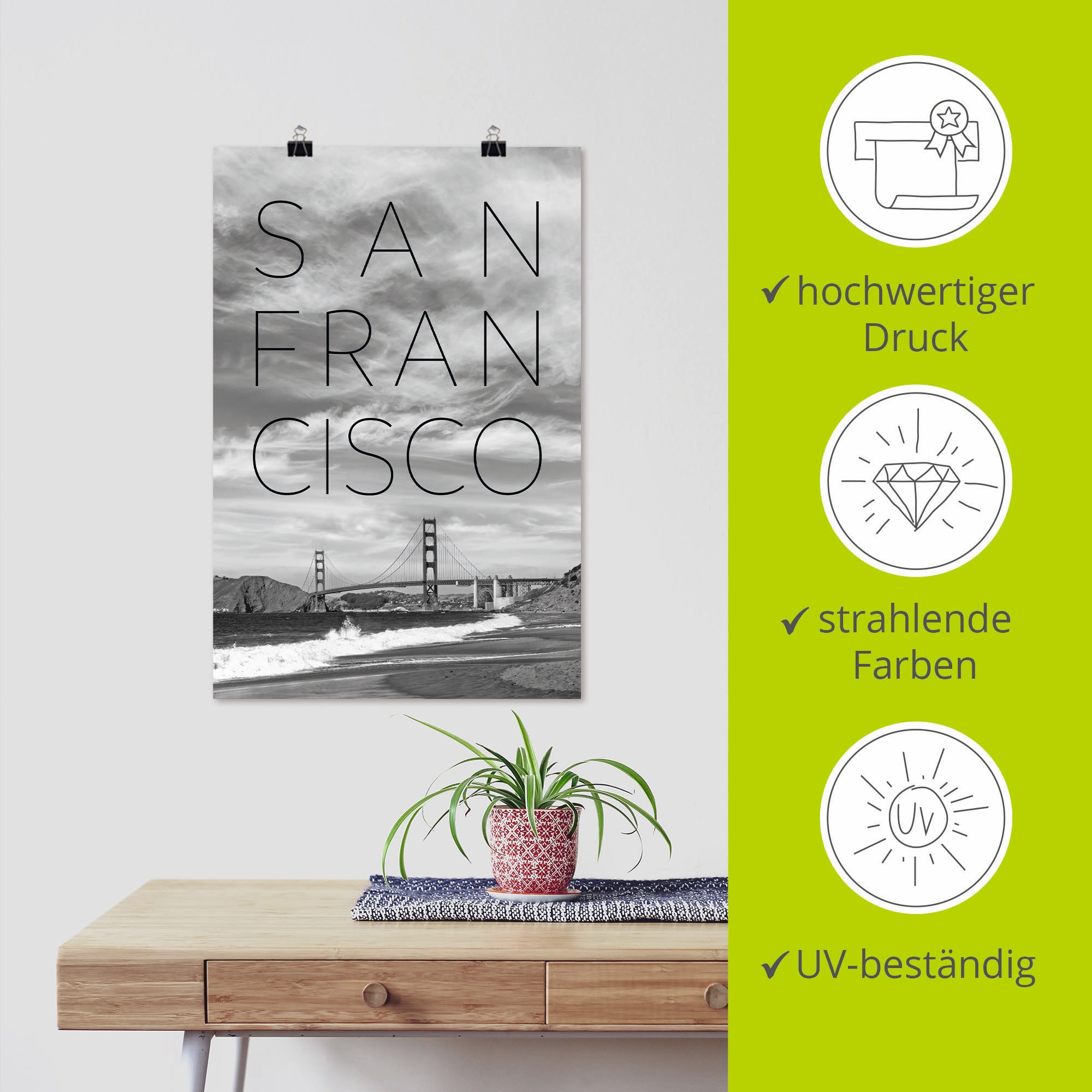 Artland Poster »Golden Gate Bridge & Baker Beach«, San Francisco, (1 St.), als Alubild, Leinwandbild, Wandaufkleber oder Poster in versch. Größen
