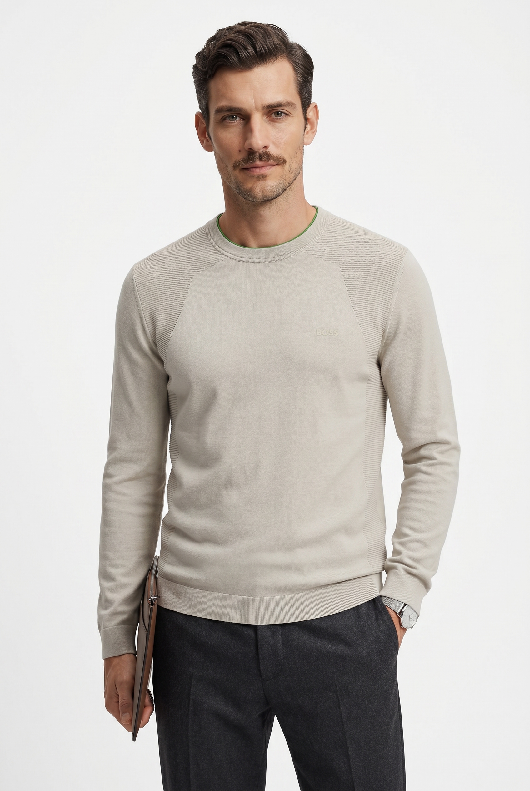 BOSS GREEN Strickpullover Rundhalsauswschnitt, Regular Fit, Struktur-Strick