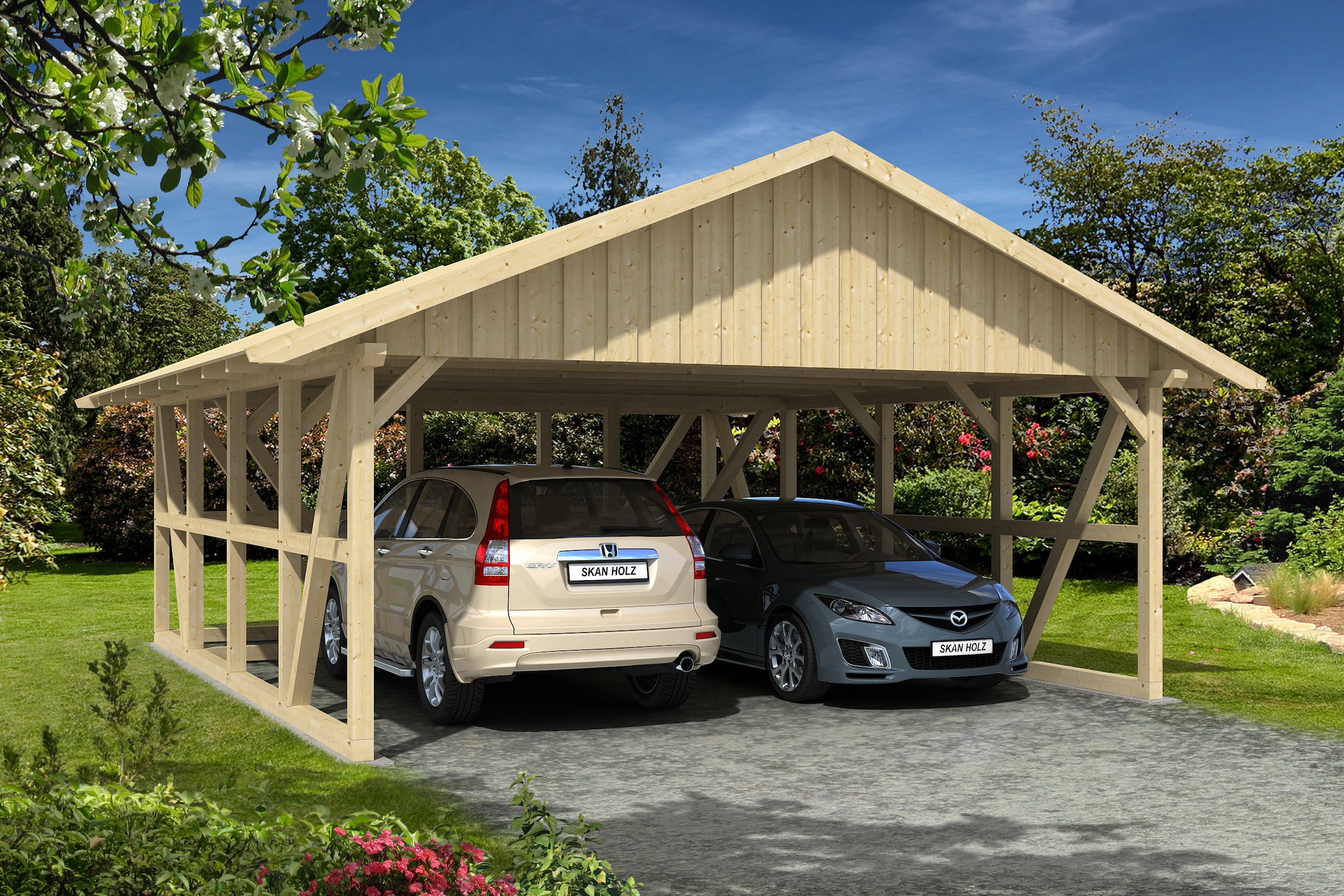 Skanholz Doppelcarport »Schwarzwald« Massivholz 560 cm Natur mit Abstellraum 3, mit Dachschalung