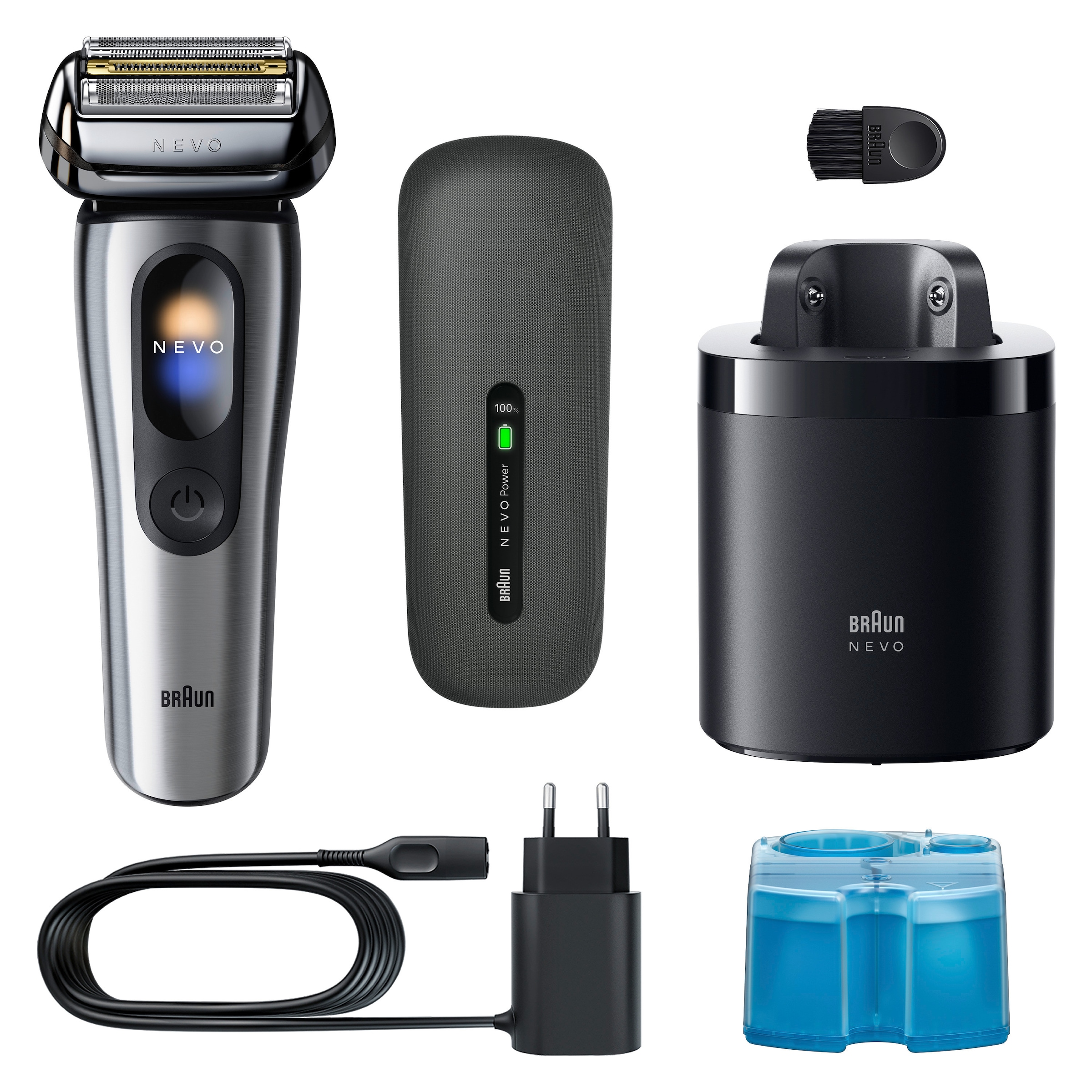 Braun Elektrorasierer »NEVO 17000cc« SmartClean-Plus-Reinigungsstation integrierter Präzisionstrimmer AeroTouch, Smart Display, 7-in-1 Care System, Lade-Reiseetui, Silber