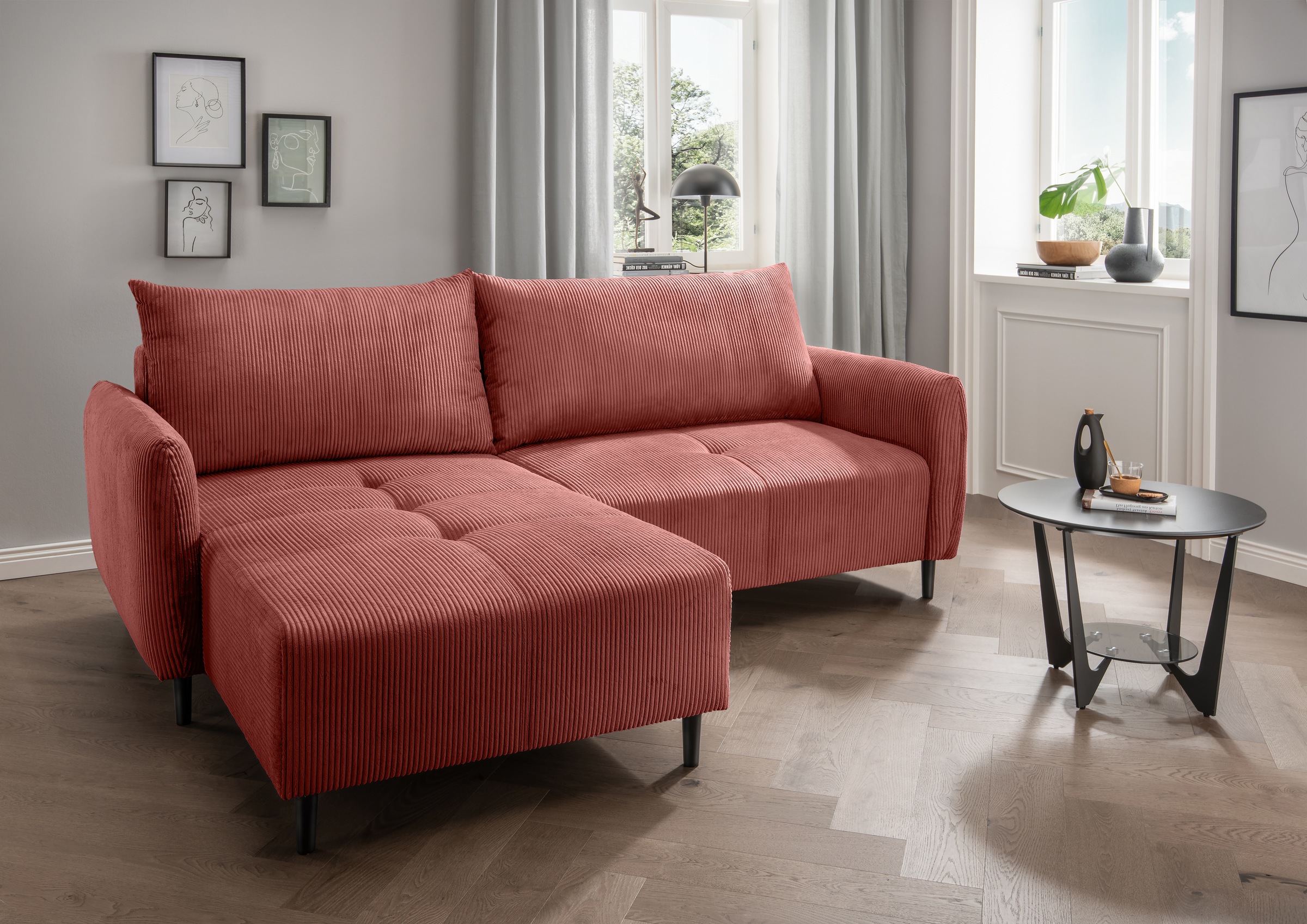 INOSIGN Ecksofa »Mara, L-Form, aktueller Cord Bezug und tolle Farben, schmale Armlehnen«, whlw. mit Bettfunktion,Recamiere links/rechts montierbar, Breite 238cm