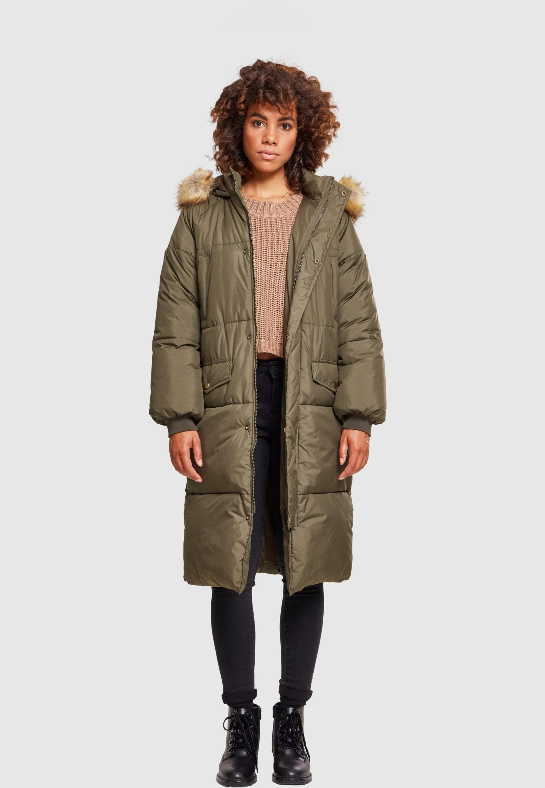 URBAN CLASSICS Winterjacke »Urban Classics Damen Ladies Oversize Faux Fur Puffer Coat« 1 Stk. tlg. mit Kapuze