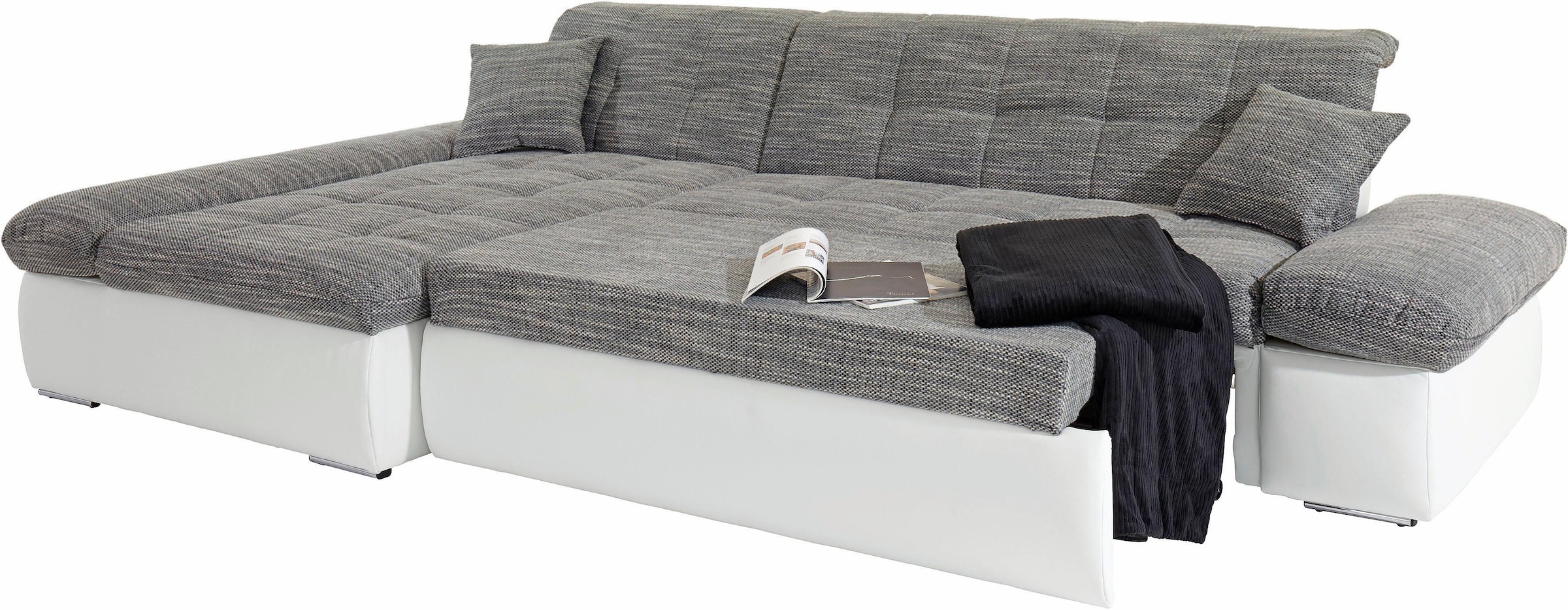 DOMO collection Ecksofa »Moric, L-Form, XXL-Sofa - Breite 300cm«, wahlweise mit Bettfunktion und Armteilverstellung, weiß-grau