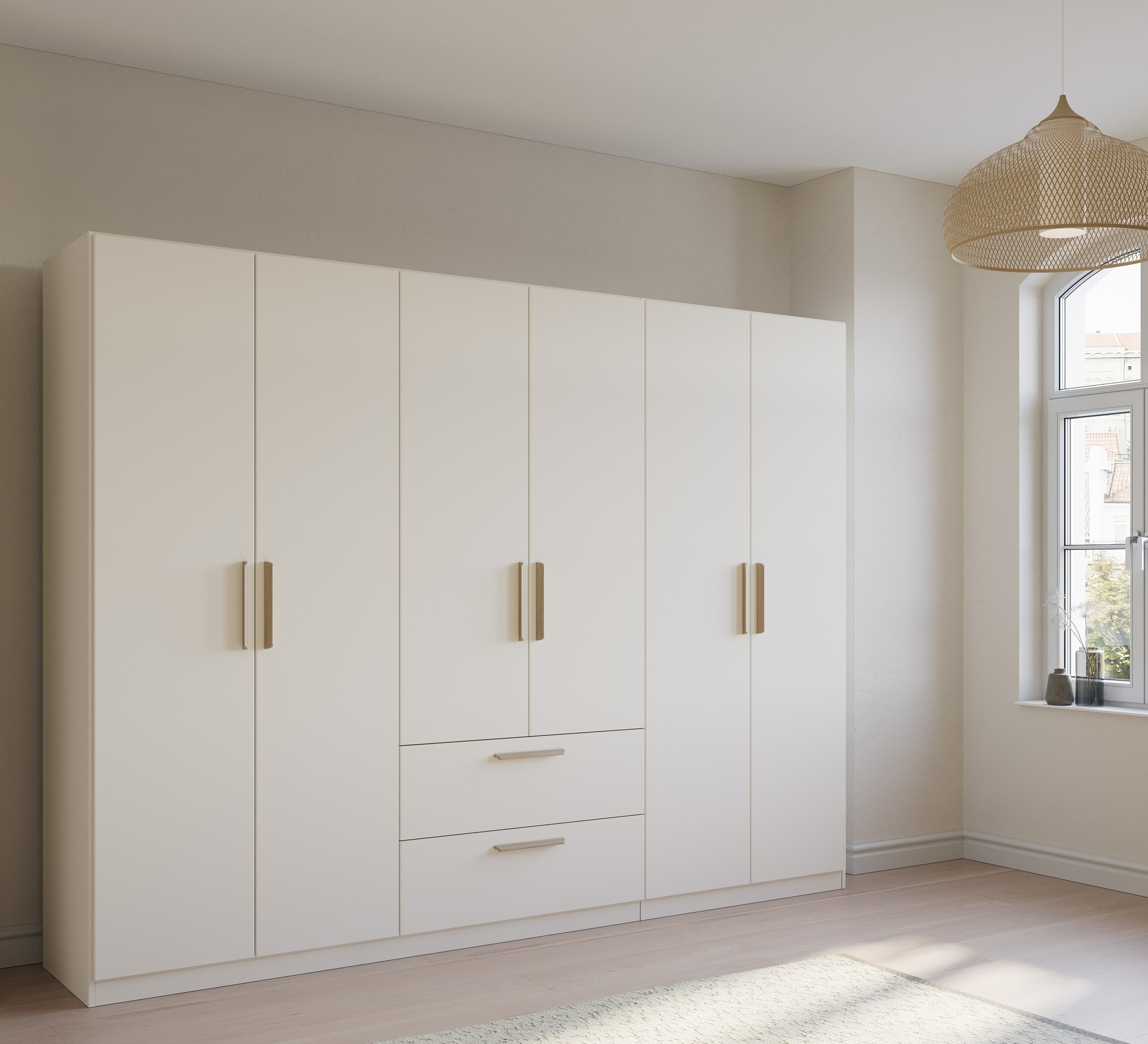 rauch Kleiderschrank »Skandi by Quadra Spin Schlafzimmerschrank«, im Landhaus-Stil mit Massivholzgriffen aus Wildeiche, mit Schubladen