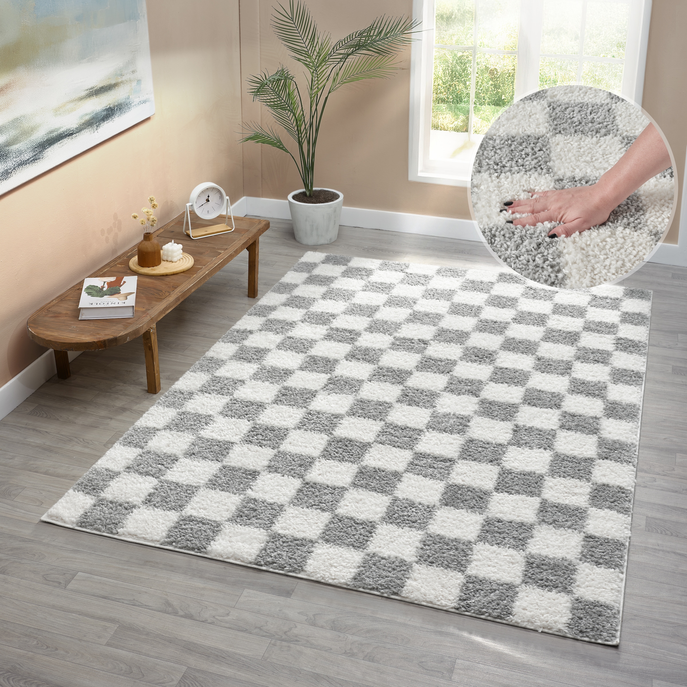 OTTO home Hochflor-Teppich »Kiiki«, rechteckig, 30 mm Höhe, Kariert, auffäl günstig online kaufen