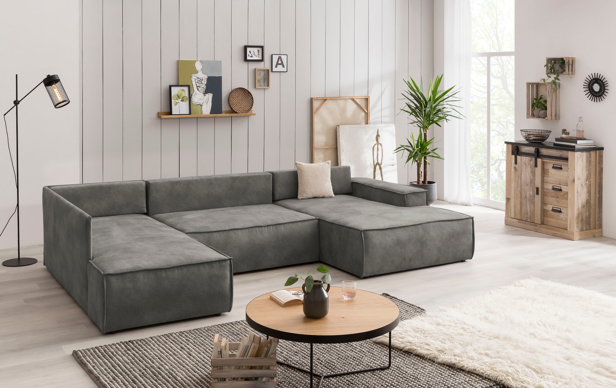 Home affaire Wohnlandschaft »SHERWOOD 329 cm, U-Form, Schlafsofa,«, Schlaffunktion m. Bettkasten (194x139 cm), Cord, Vintage, Samtvelours