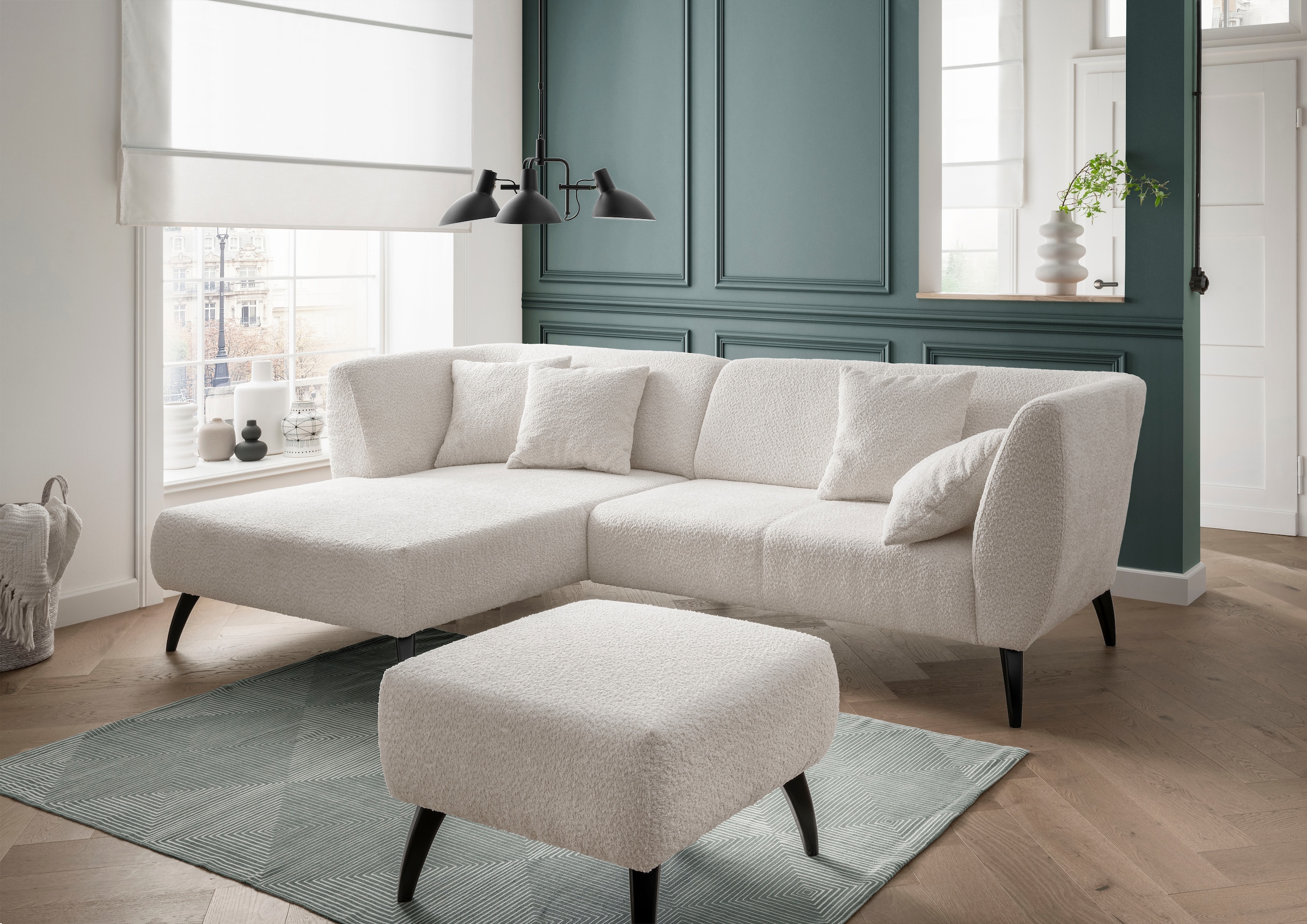 INOSIGN Ecksofa »Colori L-Form«, Holzfußfarbe wählbar, inkl. 4x Zierkissen günstig online kaufen