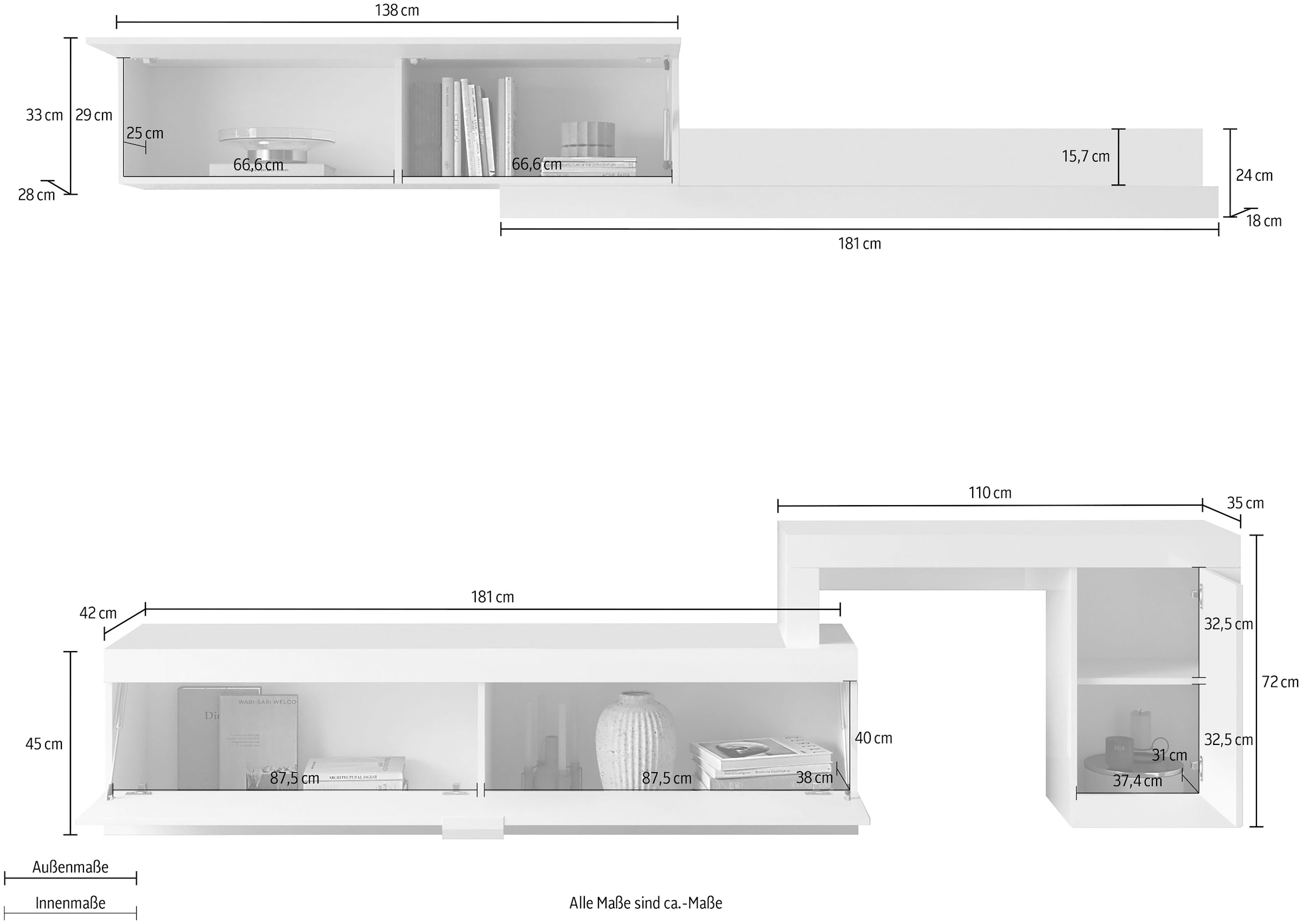 INOSIGN Wohnwand »Slim«, (4 St.), 4-tlg., weiß Hochglanz Lack