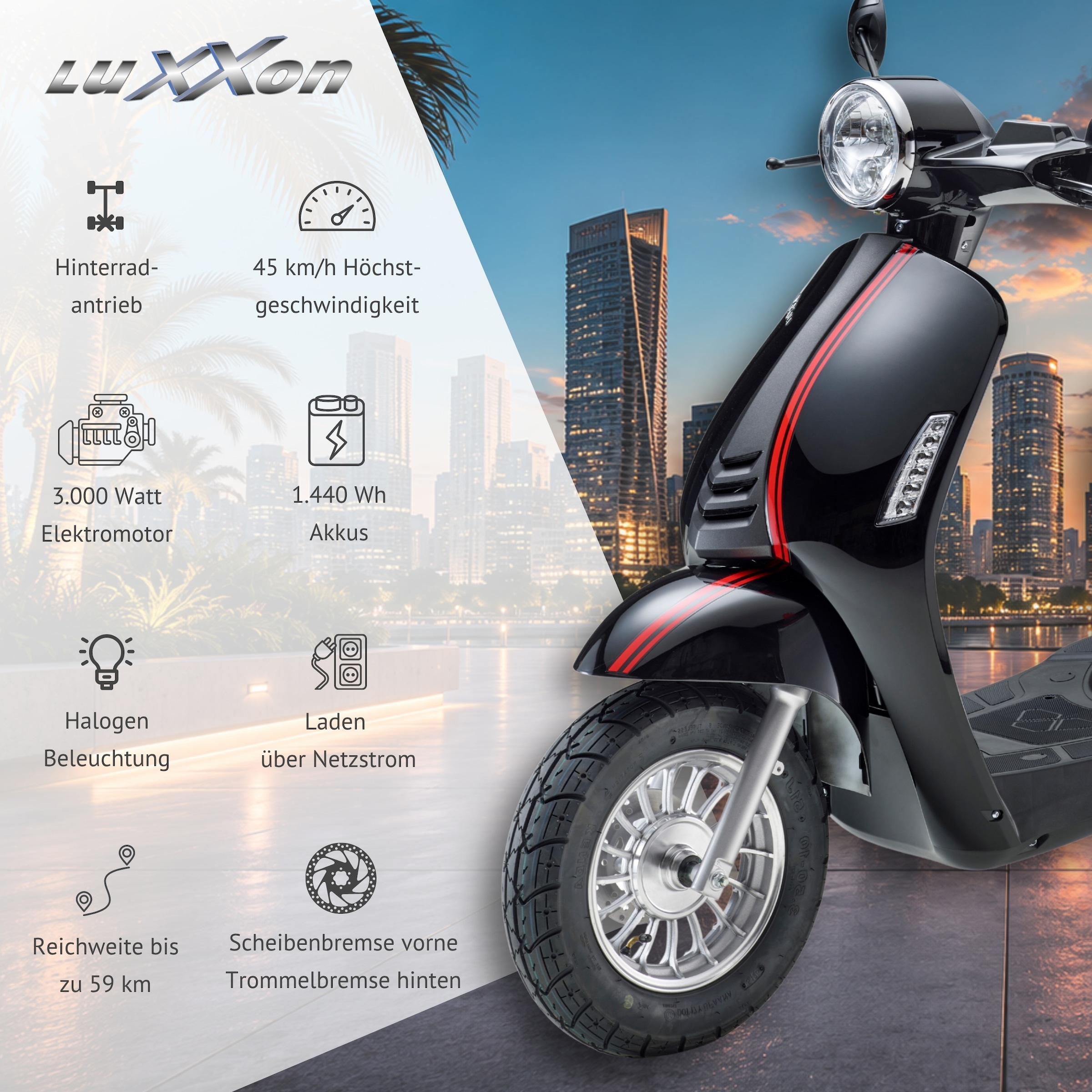 Luxxon E-Motorroller »E3000« bis zu 55 km Reichweite, mit Straßenzulassung, 2 Sitzplätze