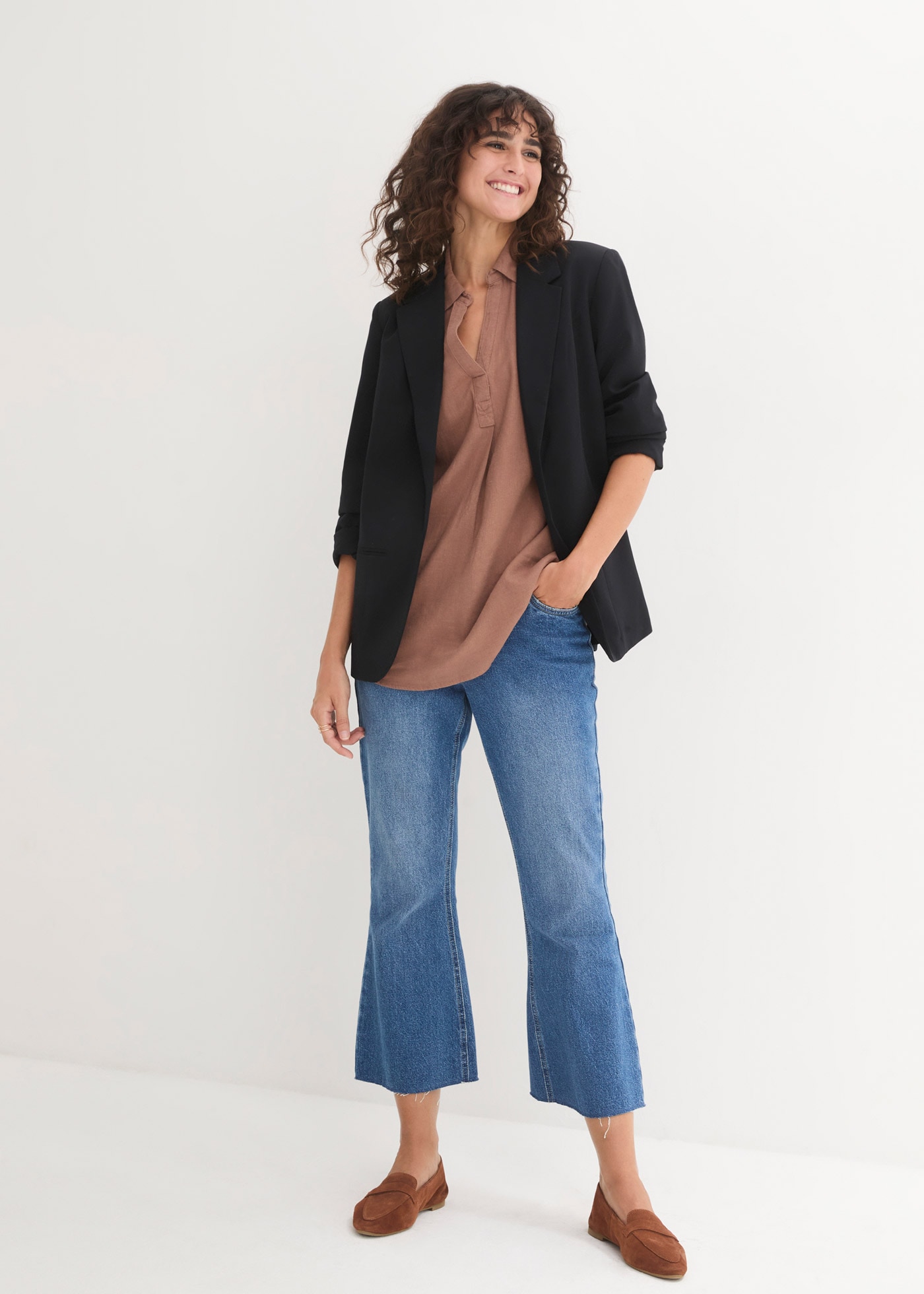 bonprix Langarmbluse »3/4-Arm Bluse mit Leinen« figurumspielende Passform, für vielseitige Alltagslooks