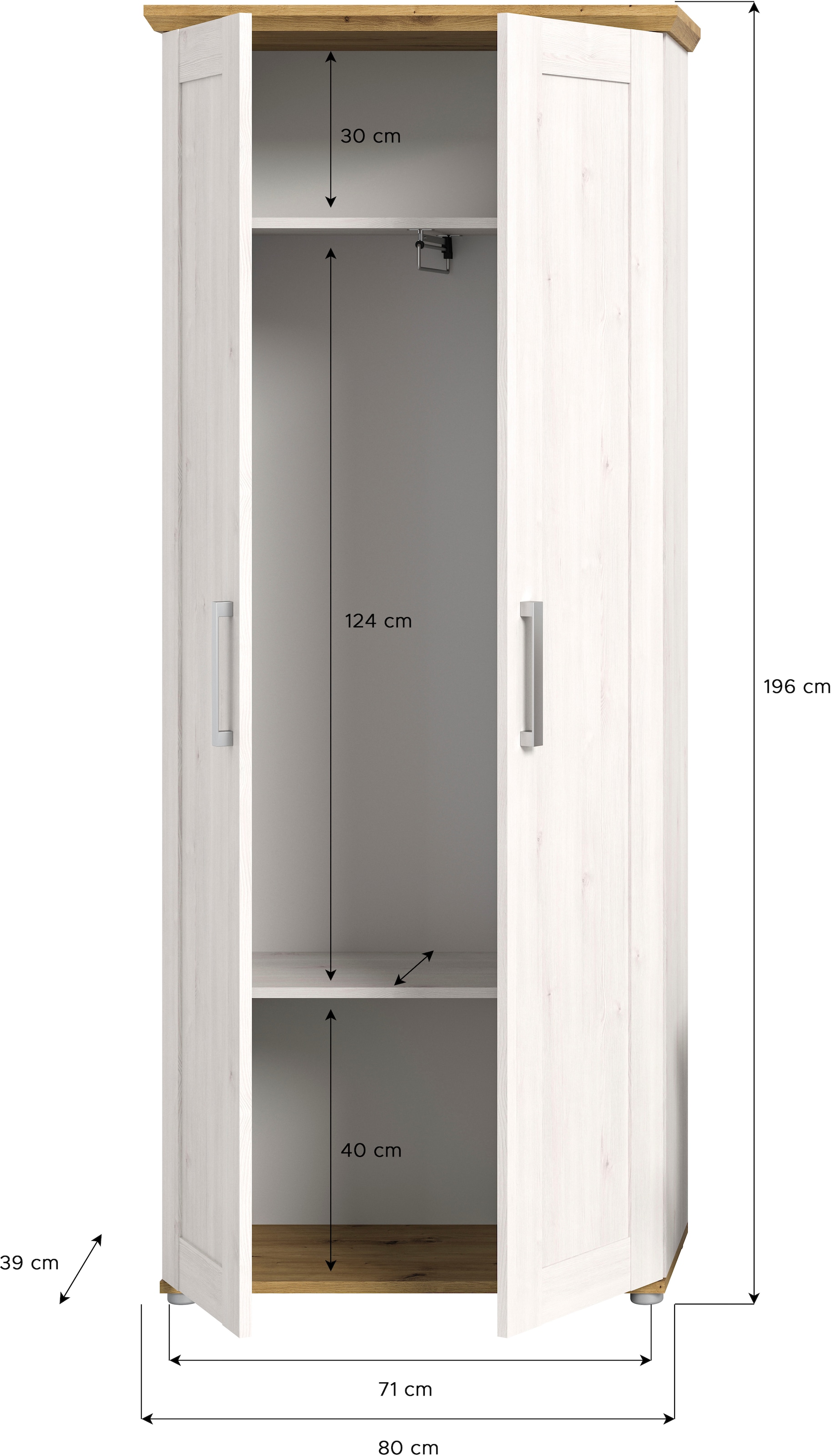 Home affaire Garderobenschrank »COSENZA, TOPSELLER!, Höhe 196 cm, 2 Türen, 2 Böden, 1 Kleiderstange«, Hochschrank, Stauraumschrank, Schrank, Flurschrank, Dielenschrank