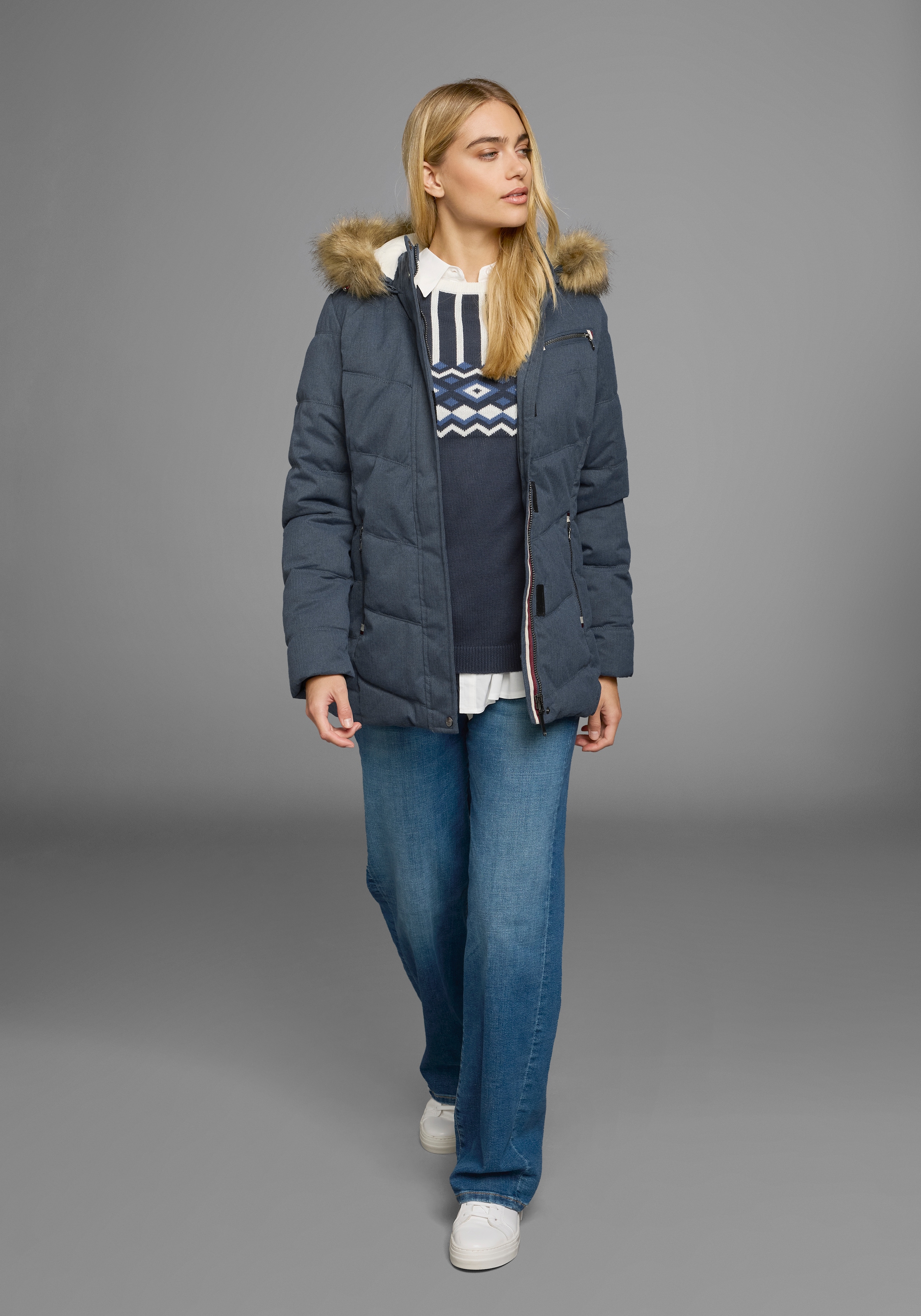 Polarino Steppjacke mit Kapuze mit abnehmbarer Kapuze,  mit Fellimitat,  viele Taschen