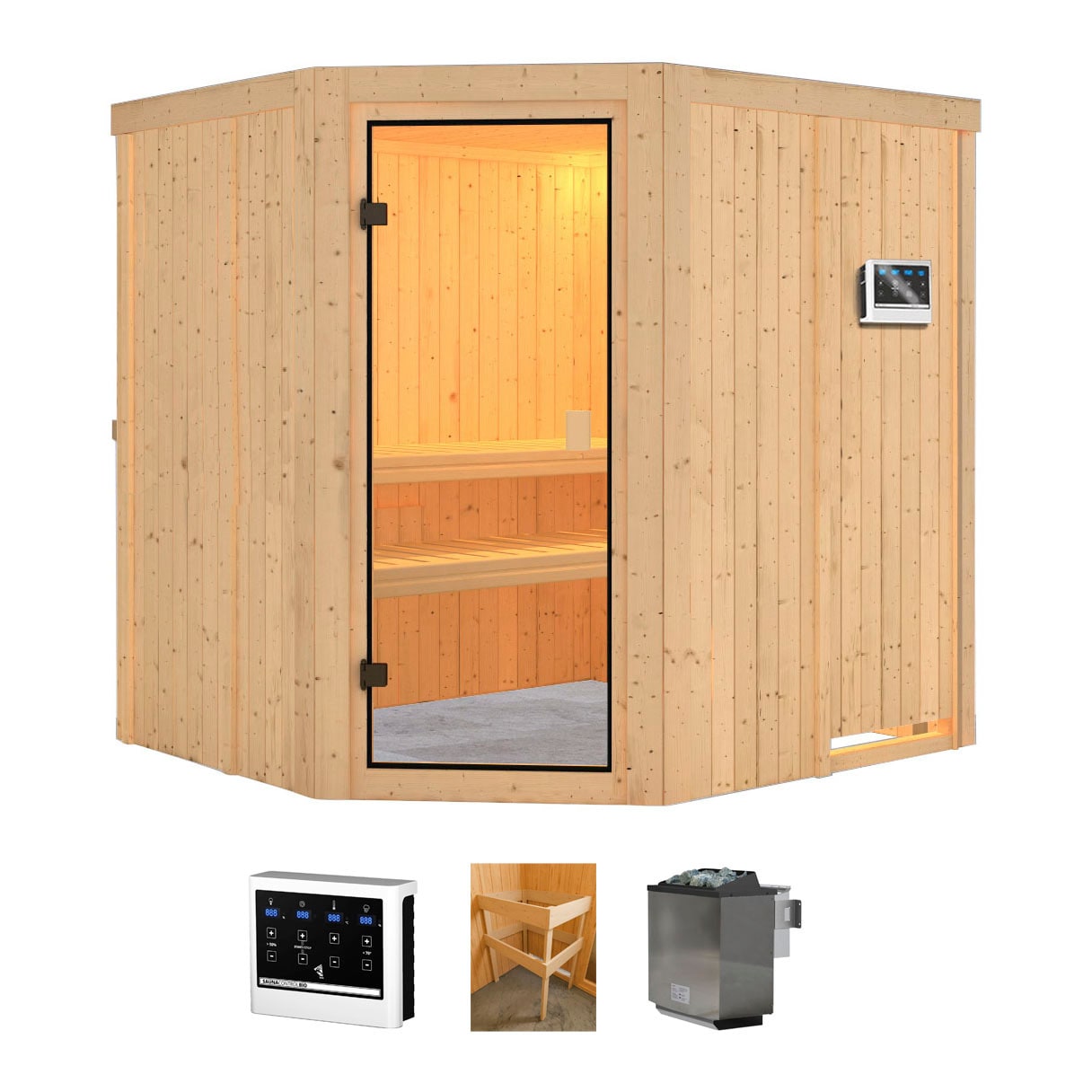 Sauna „Jupiter“, (Set), 9 kW-Bio-Ofen mit ext. Steuerung naturbelassen