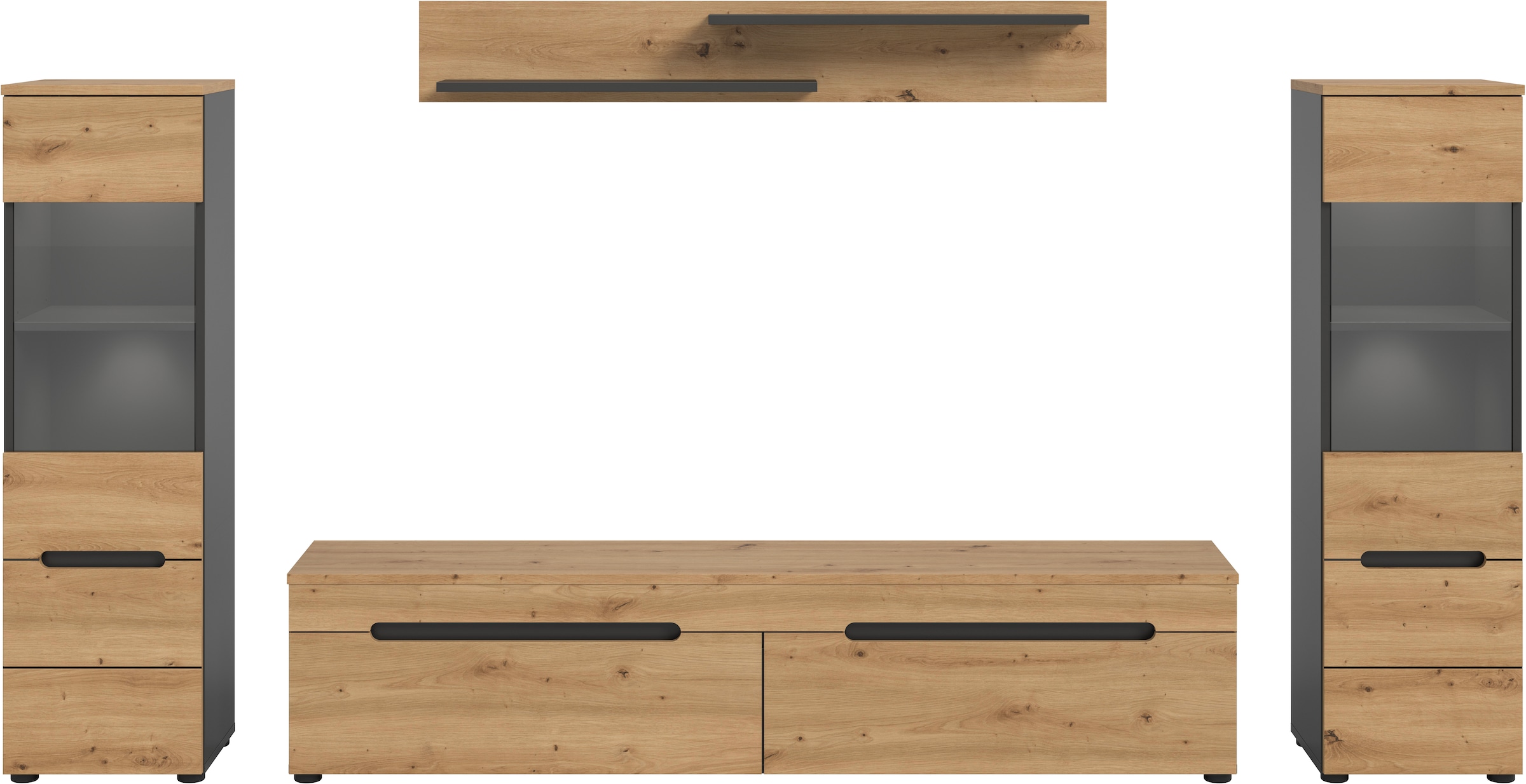 INOSIGN Wohnwand »REHAT, TOPSELLER!, 4-teilig, inkl. Beleuchtung, stehend oder hängend« Set bestehend aus: 2x Vitrine inkl. Beleuchtung, Lowboard & Wandboard, 4 Stk. tlg.